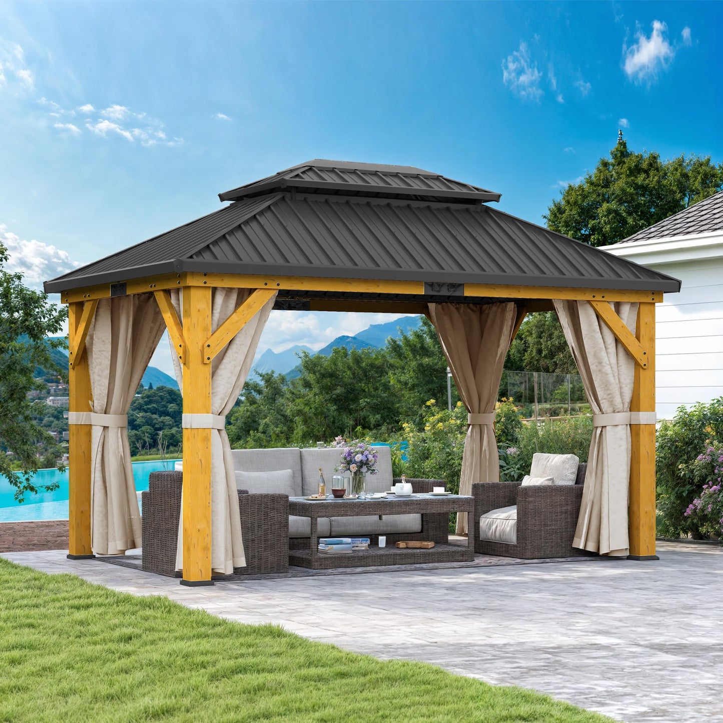 DWVO 11X13FT Gazebo Wood Outdoor Wooden Frame Double Roof Hardtop Galvanized Steel Top Canopy w/Curtain and Netting, Patio Heavy Duty for Deck, Backyard, Beige Yellow