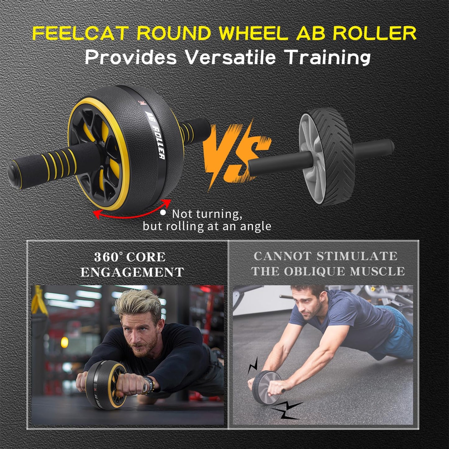 FEELCAT Ab Roller Wheel,Stable Wide Wheel For Beginner,Men,Women,Abs & Core Workout Equipment For Home Gym With Knee Pad,Abdominal Wheel For Full-Body Strength Training (Yellow curved wheel)