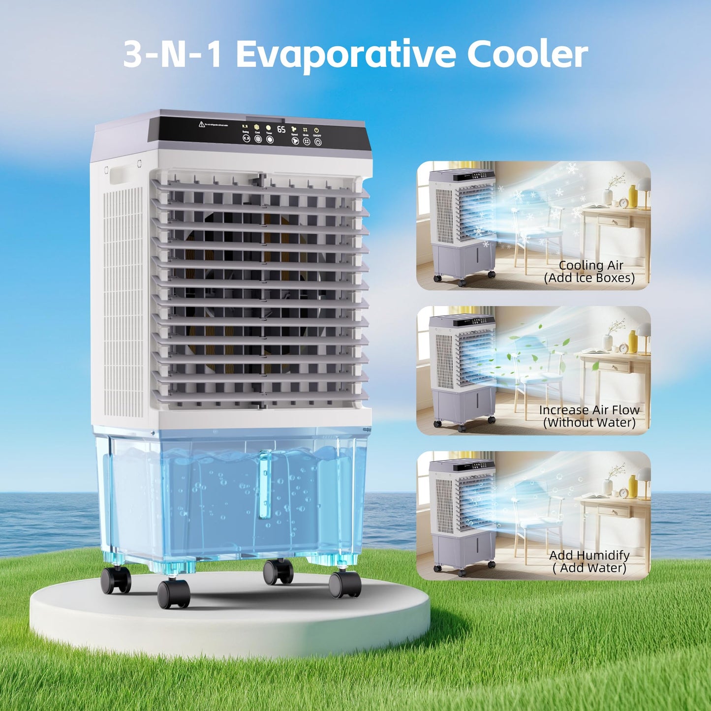 AKIRES 1800CFM Swamp Cooler,3-IN-1 Evaporative Air Cooler with 5.3 Gal Water Tank,6 Ice Packs,Evaporative Cooler with 12H Timer,2 Modes,3 Speeds,120°Oscillation，Cooling Fan for Indoor,Outdoor(32IN)
