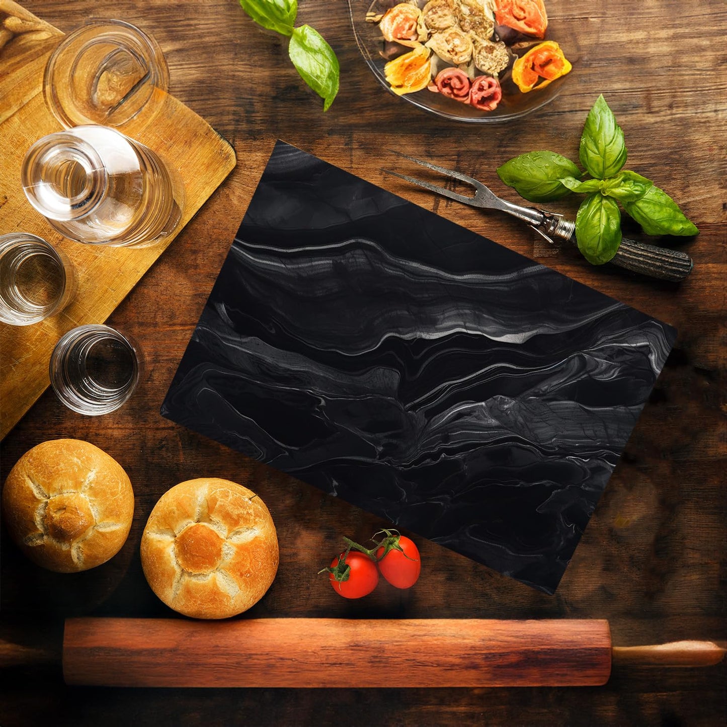 Black Marble Kitchen Glass Cutting Board Ocean Decorative Gift Marbled Granite Stone Rock Gift For Her Mom Wife (Black Marble)