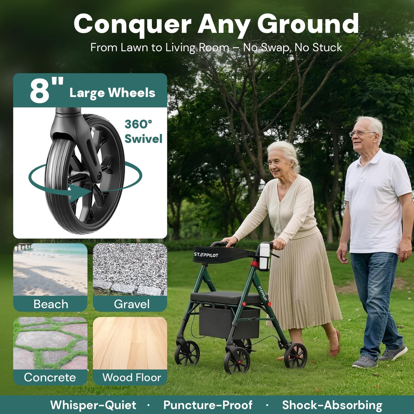 StepPilot Bariatric Rollator Walker with Seat for Seniors, 500lb Capacity Aluminum Frame, Zero Wobble, 16lb Lightweight, 8" All Terrain Wheels, 10-Level Adjustable Handle/Seat, Cup Holder, Cane Clip