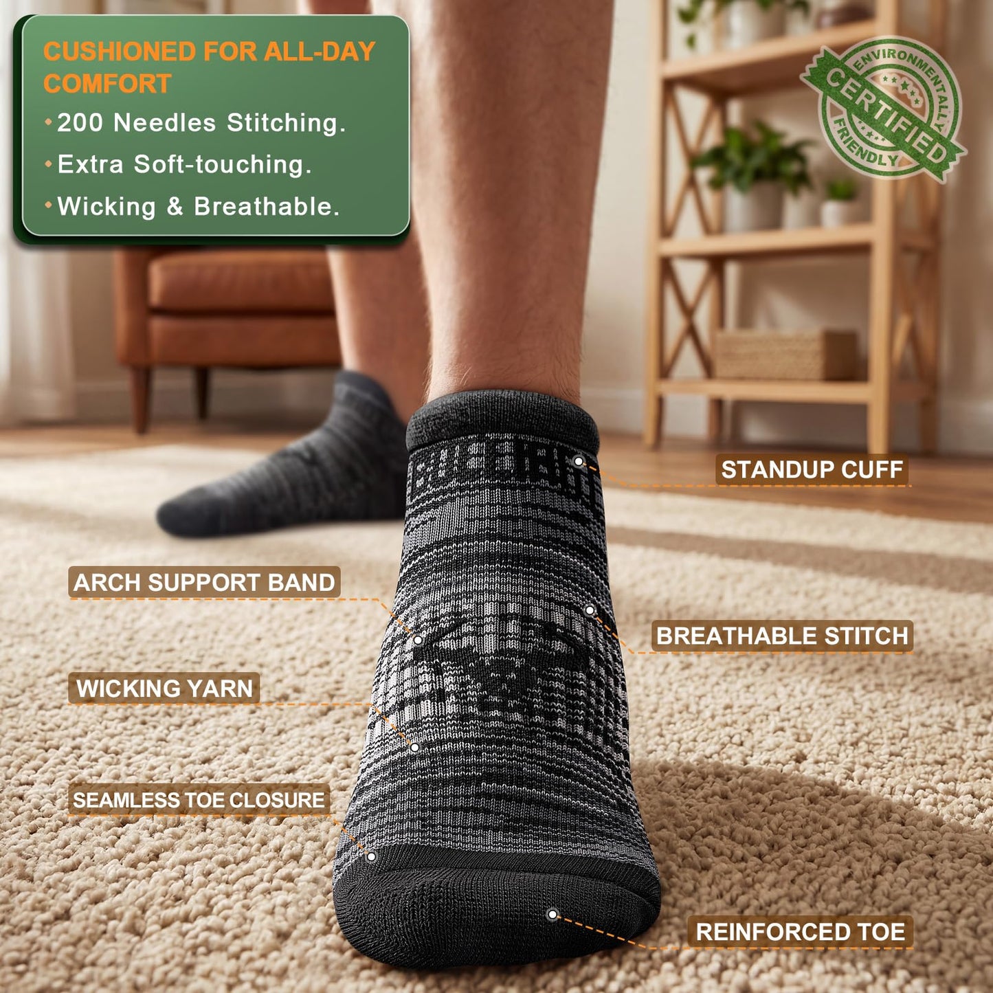 BULLIANT Men Active Running Socks 6-Pairs, Nylon Blend Cushioned Compression Ankle Socks, Arch Support Breathable Wicking(6Pairs,Shoes Size:Men 10-12)
