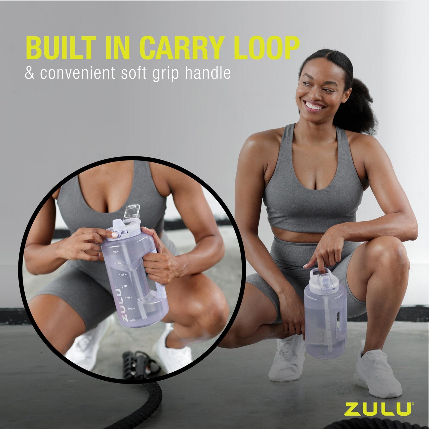 ZULU Goals 64oz Half Gallon Plastic Water Bottle with Straw and Time Marker | Large Reusable Jug with Handle and Leak Proof Lid for All Day Hydration, Gym and Outdoors, Gift Ready, Violet