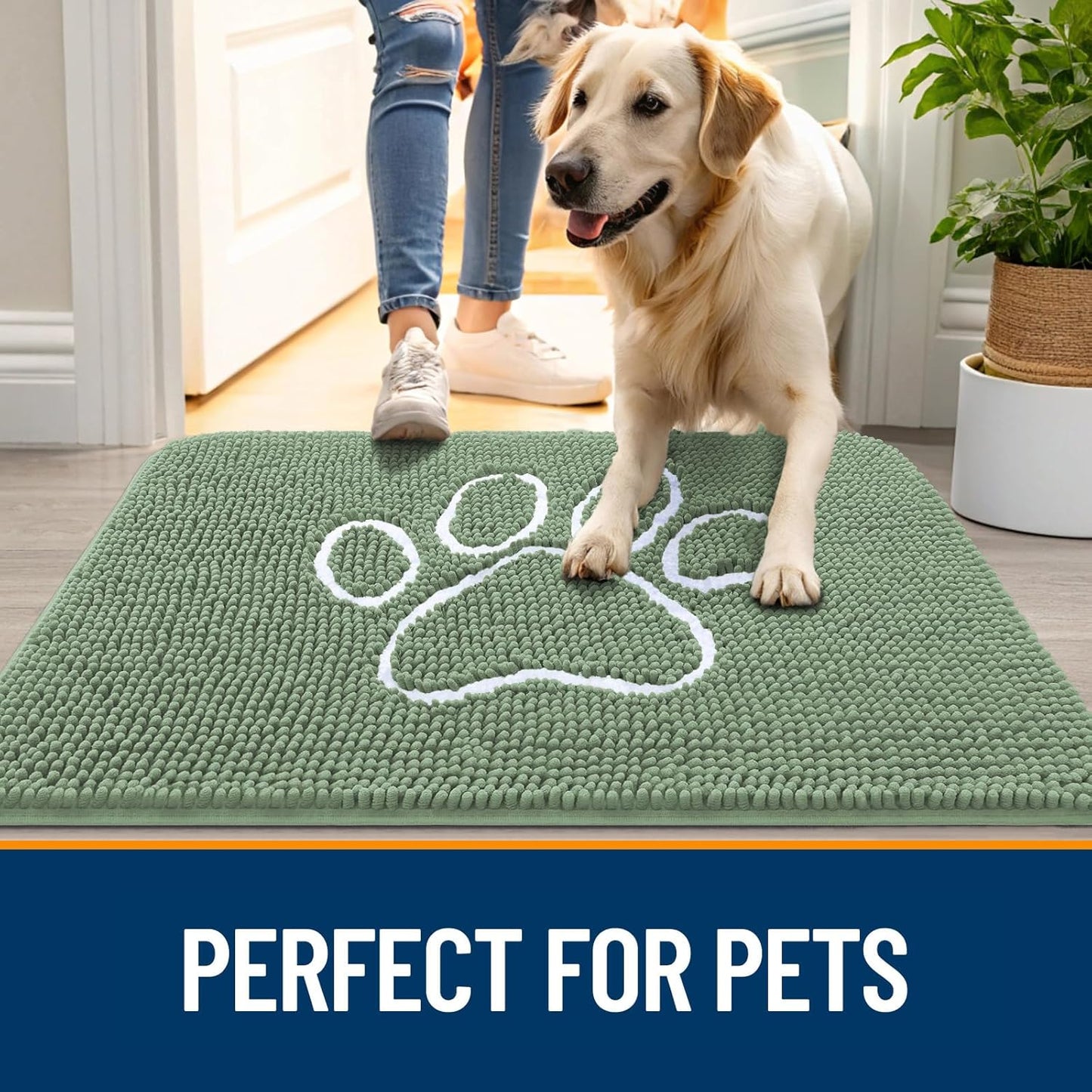OLANLY Dog Door Mat - Absorbent Muddy Paws Doormat | Non-Slip Chenille, 36x24, Olive Green & White