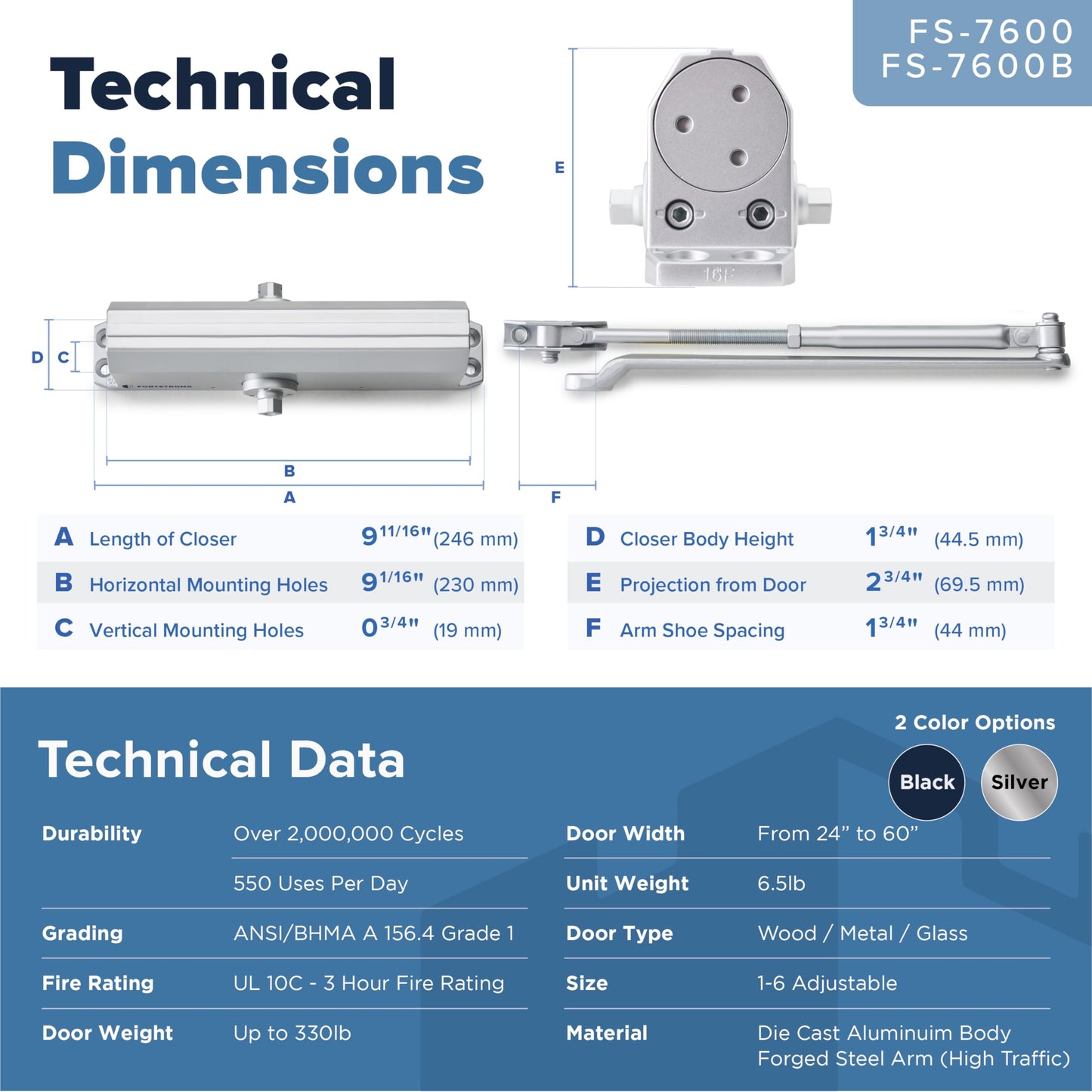 Commercial Door Closer – Heavy Duty Grade 1 Automatic Door Closer for Commercial Use - Auto Hydraulic Spring Hinge - FS-7600 UL & ADA ANSI A156.4 Door Closers Spring Closure Arm Self Closing