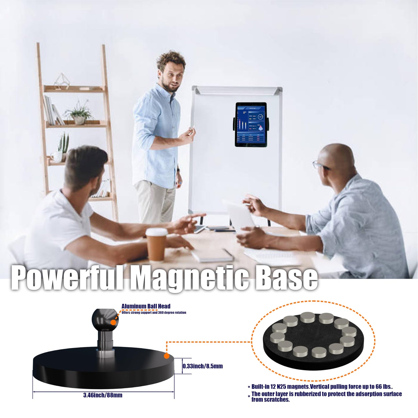 VasSmtCPH Magnetic Tablet Holder Fridge Tablet Mount for Cabinet Whiteboard Gym Warehouse and More fits 4.7-12.9 inch Phones and Tablets, 360°Adjustable 3.5" Magnetic Base