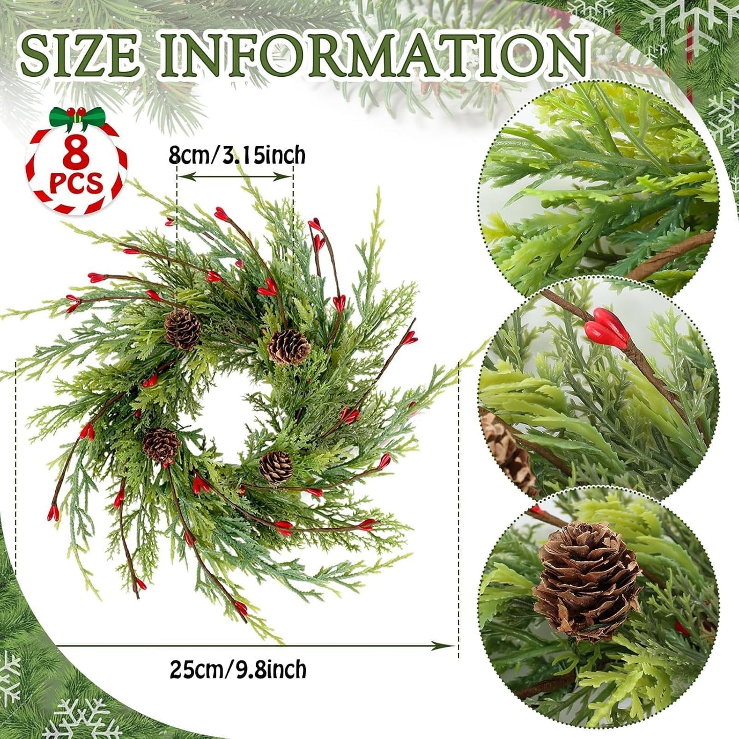 Skiennix 8 Pcs Artificial Christmas Candle Rings - 9 Inch Cedar Pine Garland Wreaths with Red Berries & Pinecones for Winter Table Centerpiece