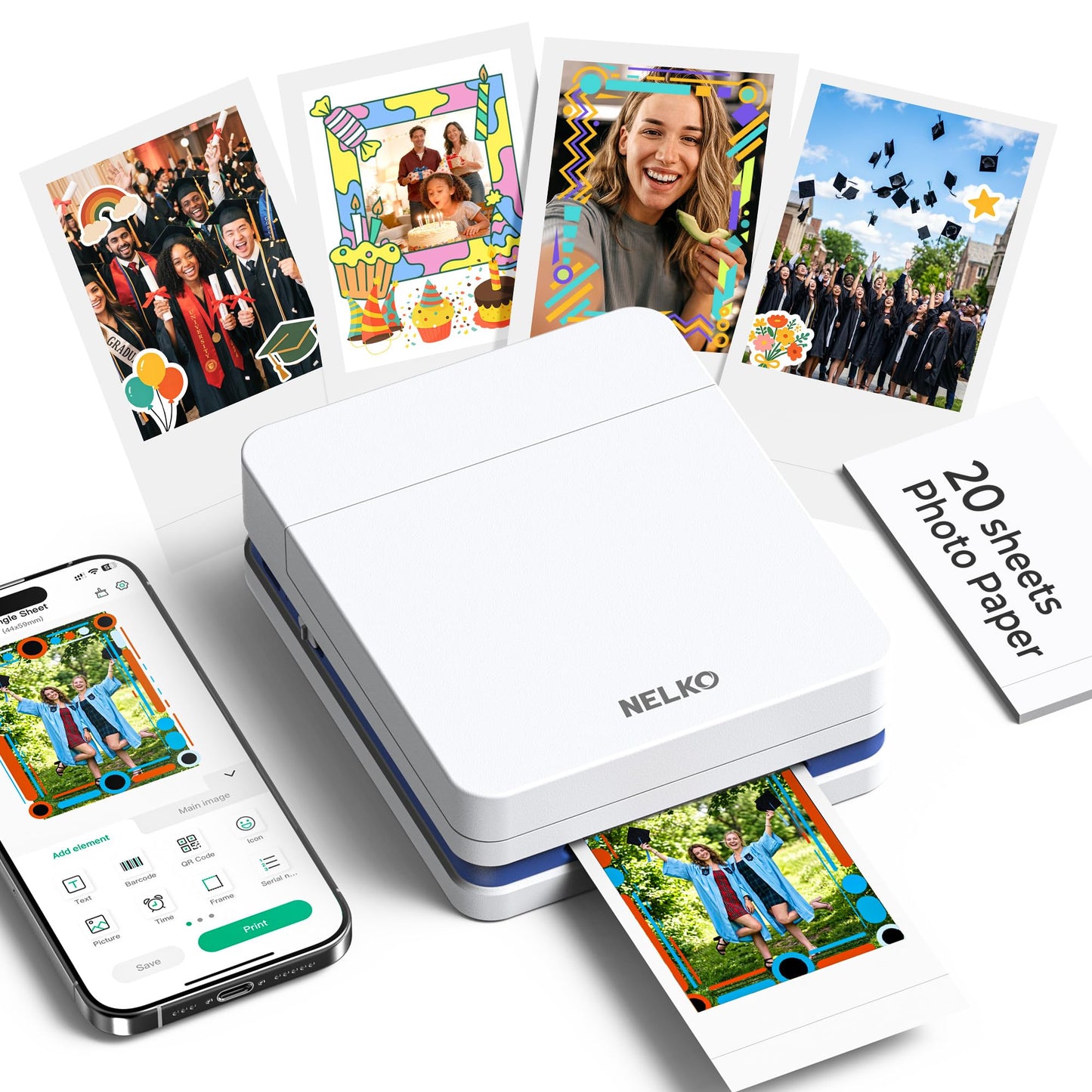 Nelko Photo Printer, 2x3 Portable Wireless Smartphone Printer, PP01 Mini Color Instant Inkjet Printer, Sticky-Back Photos, Bluetooth Compatible with iOS & Android, App Editing, White