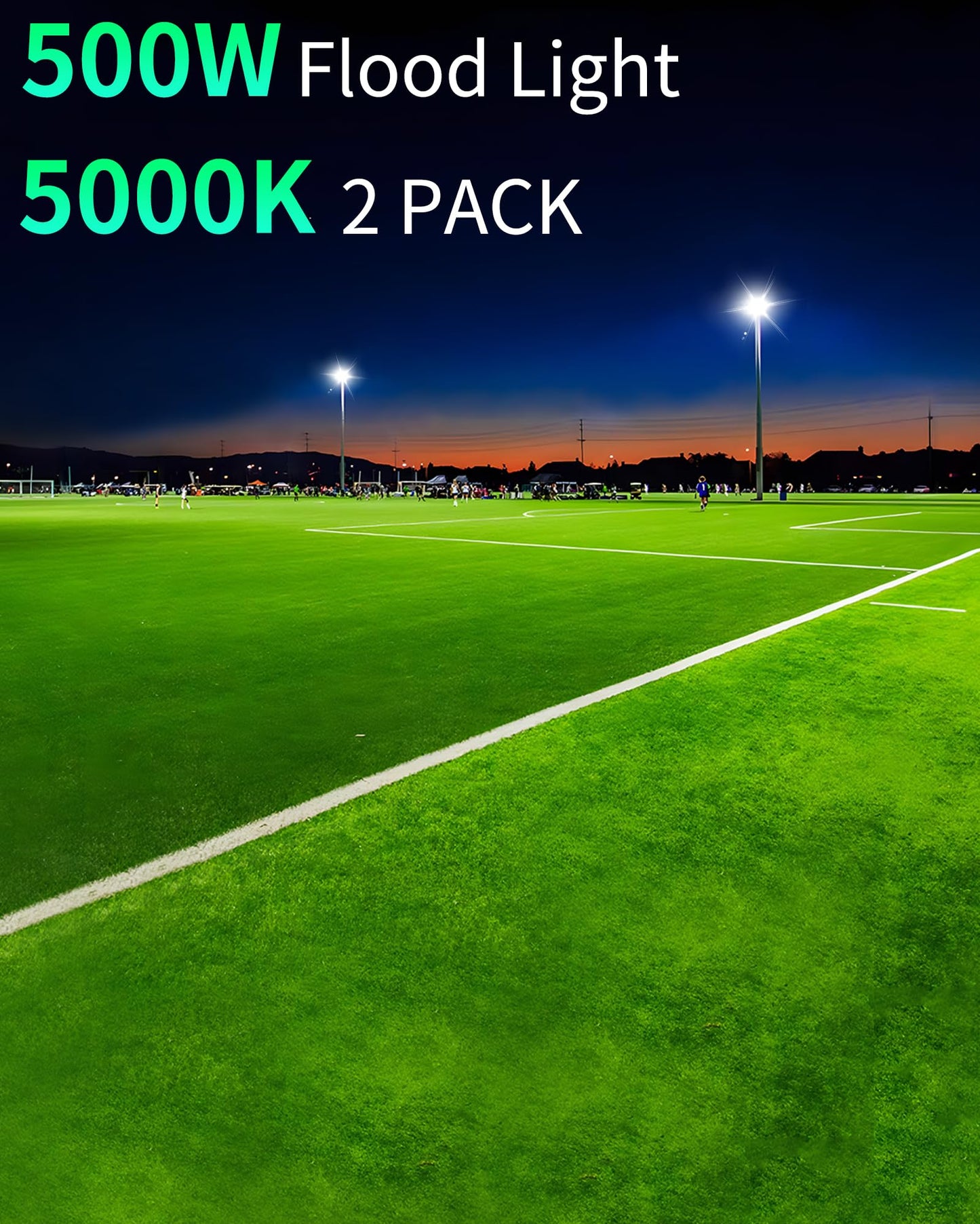 ISUERFY 500W LED Flood Light Outdoor with Plug+10ft Cable, 60000LM Ultra Brighter 5000K Exterior Security Light, IP66 Waterproof Commercial Lighting for Sports Fields Counts Arena Stadium(2 Pack)