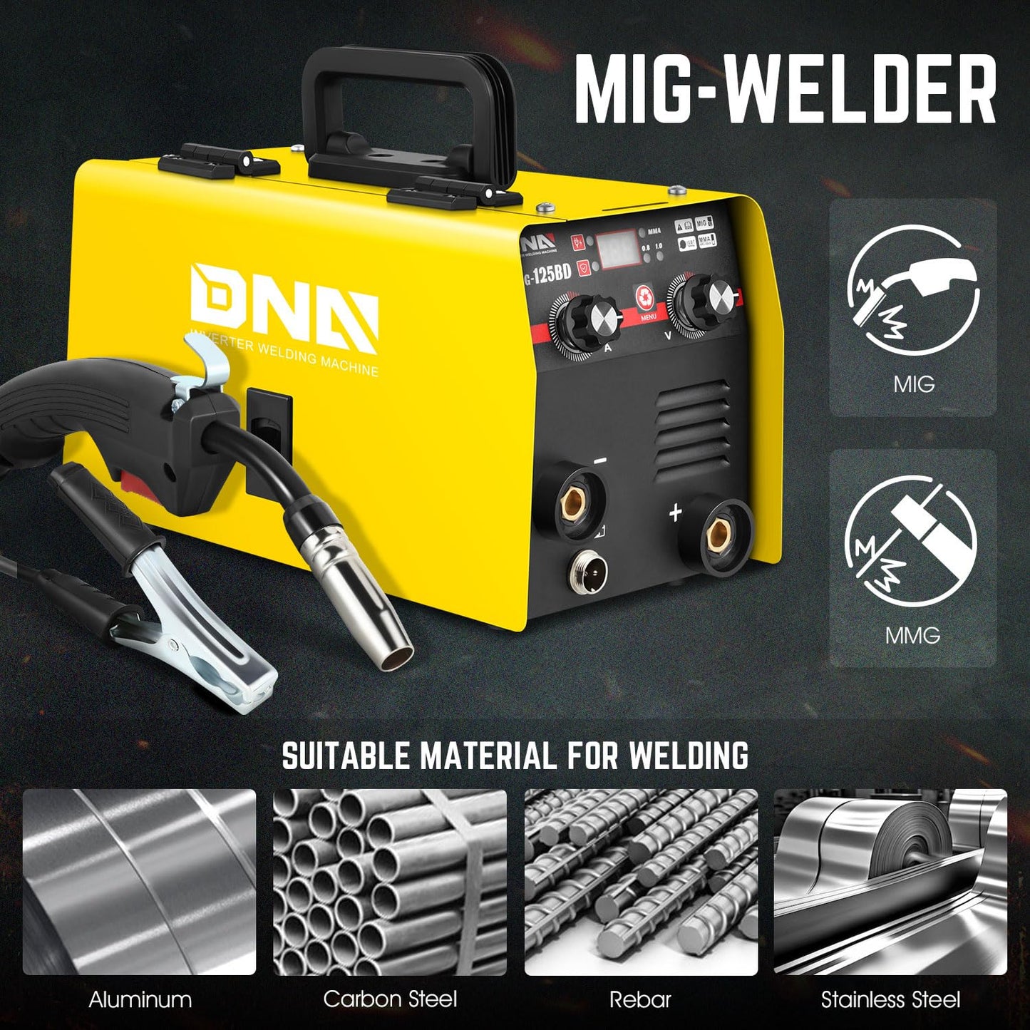 DNA Motoring 125A/110V Flux Core MIG Welder, Gasless MIG/Lift TIG/Stick Welder, 3 in 1 Portable Welding Machine, IGBT Inverter Welder for Home DIY, Garage, w/LED Digital Display, Yellow, TOOLS-00379