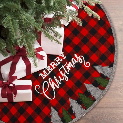 Juegoal 32-Inch Christmas Tree Skirt - Soft Red and Black Plaid Mat for Festive Holiday Decor