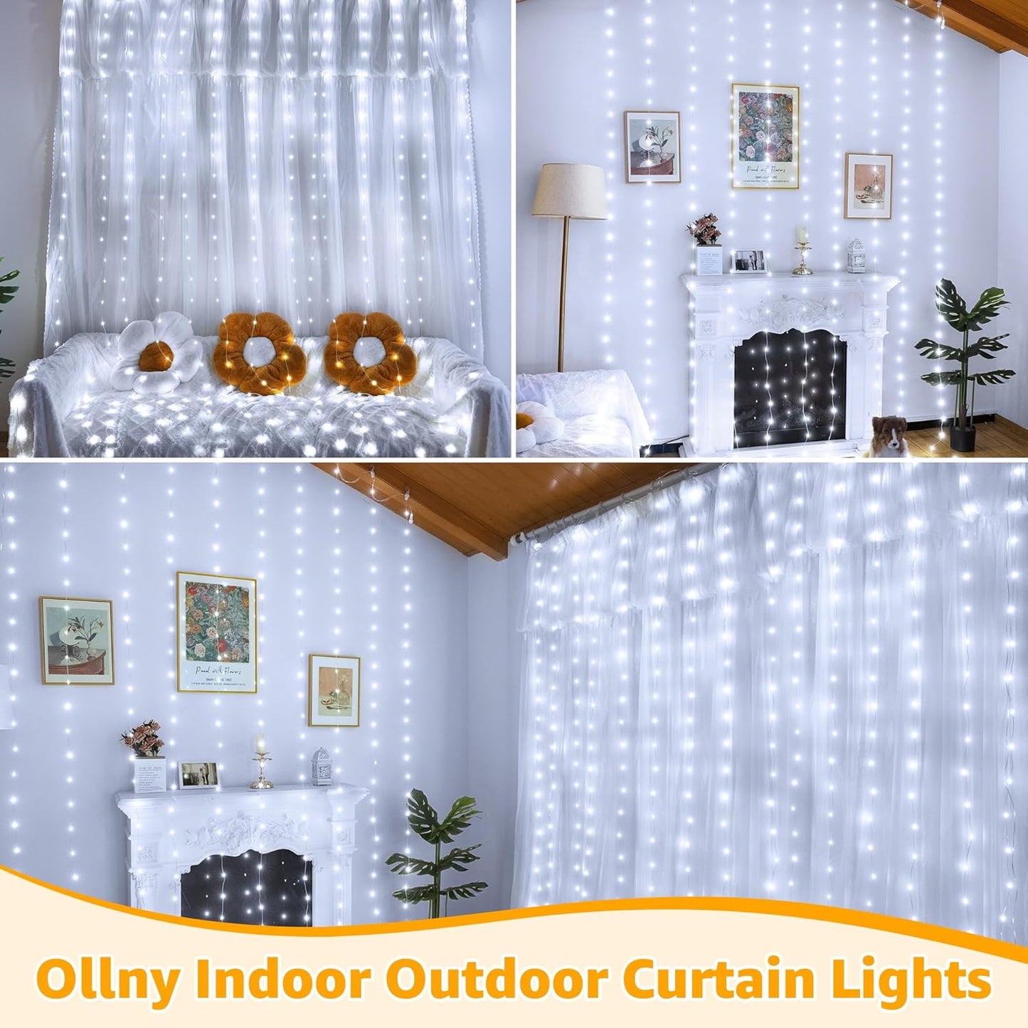 Ollny Curtain Lights - 300 LED Waterproof Outdoor Fairy Lights | 9.8ft x 9.8ft with Remote & 8 Modes