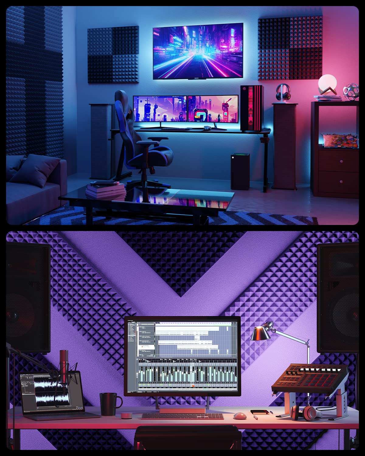 Sonicism Sound Proof Foam Panels for Walls Self-Adhesive 64 Pack Pyramid 2"X 12"X 12" Acoustic Panels 35kg/m³High Density,Soundproof Wall Panels Fast Expand,Sound Absorption and Decoration,Black