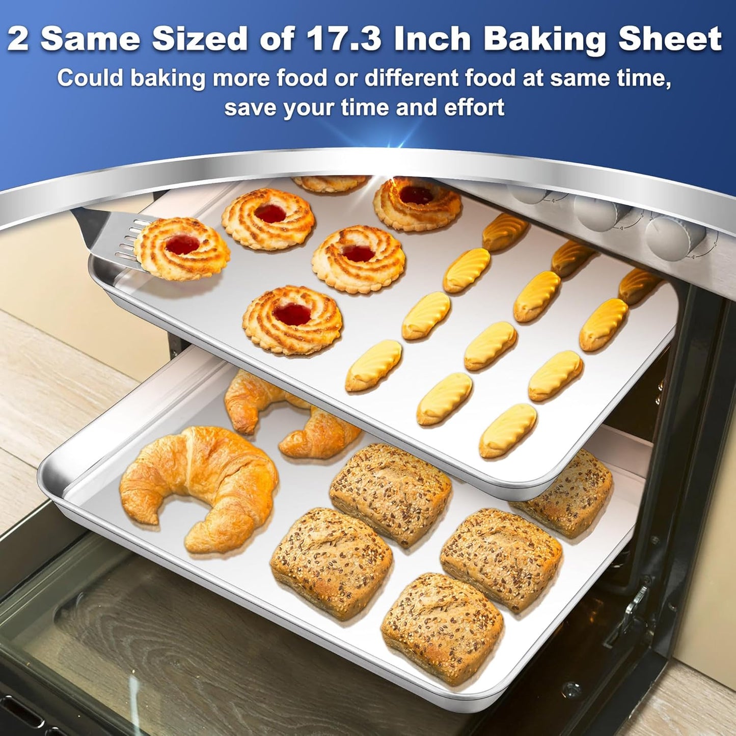 P&P CHEF 17.3 Inch Stainless Steel Baking Cookie Sheet - Heavy Duty & Dishwasher Safe, Set of 2