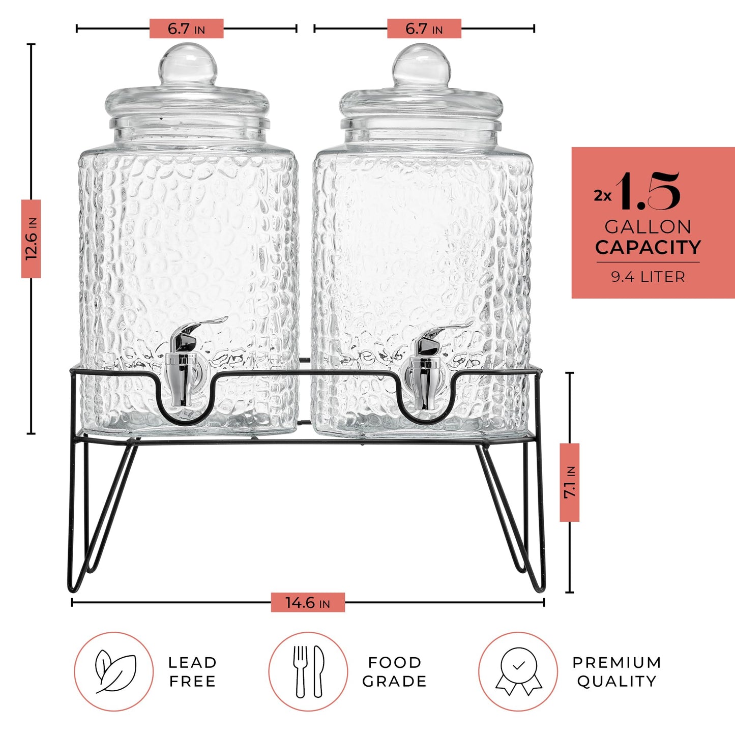 Style Setter Premium Glass Drink Dispensers with Metal Stand for Parties – Beverage Dispenser Set for Cold Drinks, Lemonade, Cocktails, Juice – Party Glass Drink Dispenser Station - 1.5 Gal, Set of 2