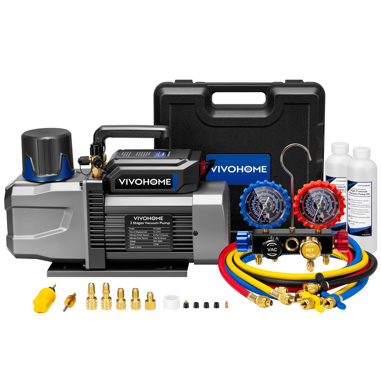 VIVOHOME A2L AC Vacuum Pump and 4 Way Manifold Gauge Set, 1.5 HP 14.4CFM 2 Stage HVAC Vacuum Pump Kit with 5ft Hoses, Sparkless Motor for R454B R32 R22 R410a Home Air Conditioner