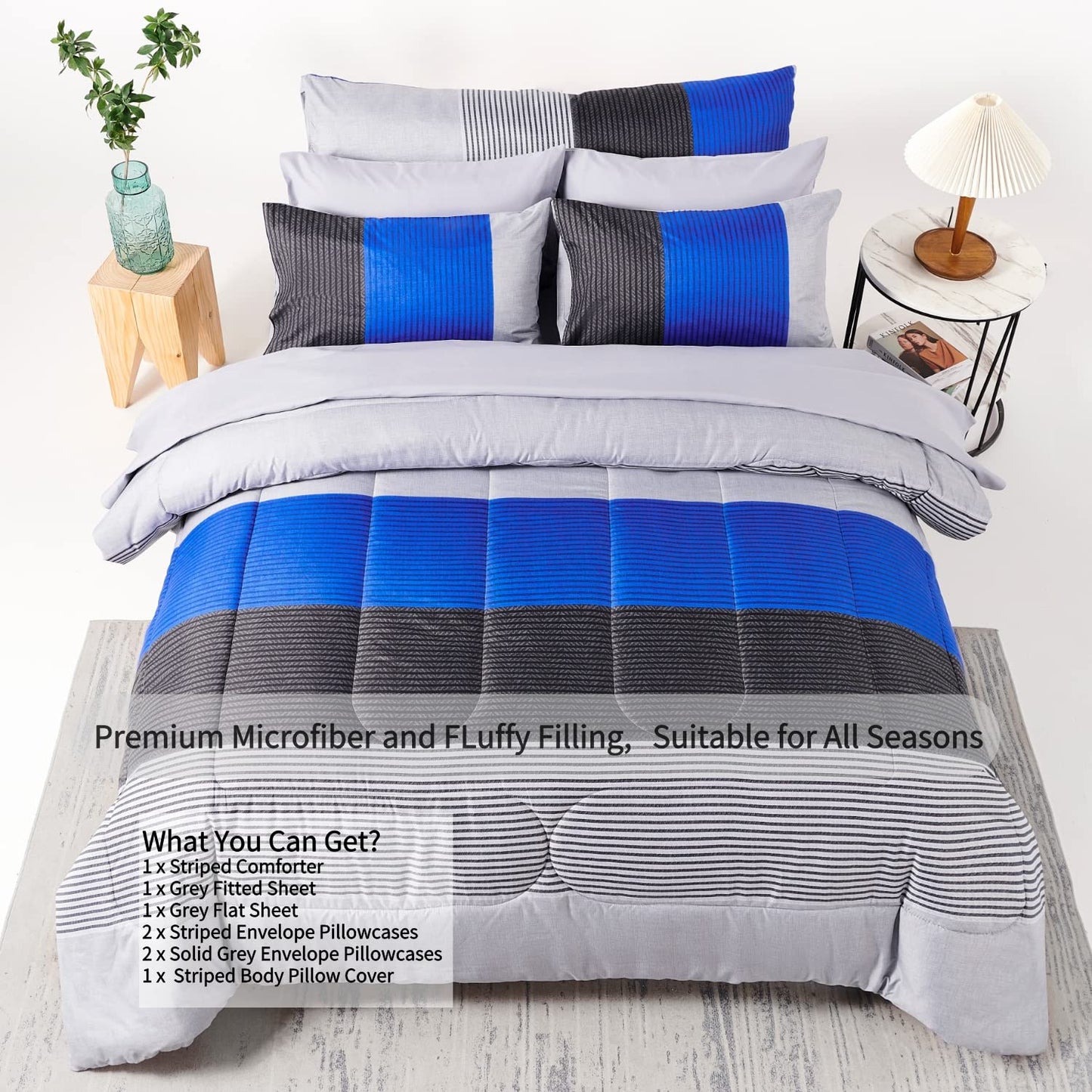 RYNGHIPY 8Pcs Blue and Grey Stripe Comforter Set Full Size, Ultra Soft Microfiber Filling Patchwork Comforter Duvet, Bed Sheets and Pillowcases (Full,Blue Grey)