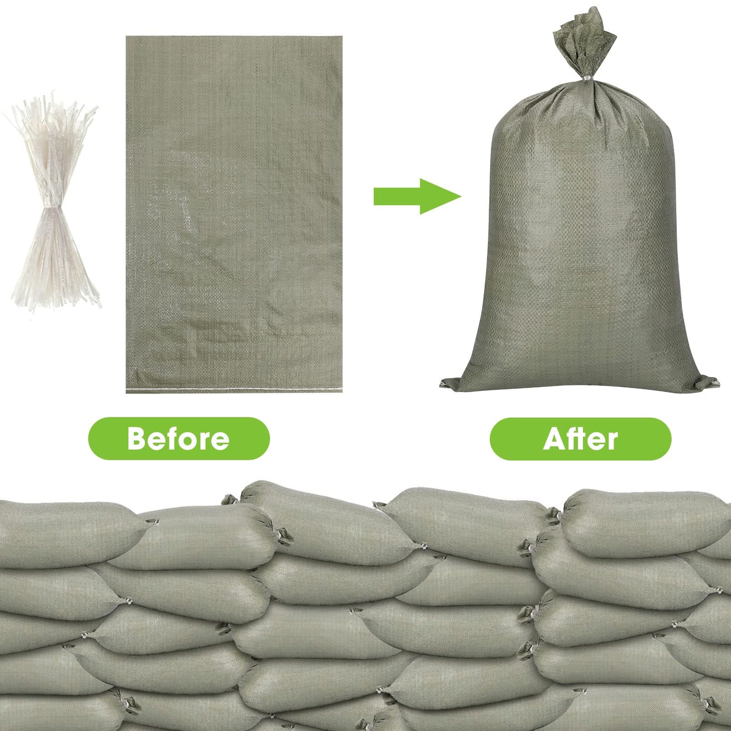 Nuenen 200 Pcs Empty Sandbags Heavy Duty Sand Bags with Ties Woven Polypropylene Sand Bags Bulk for Flooding 16 x 26 Inches Sandbag Flood Protection for Emergency Hurricane Supplies(Green)