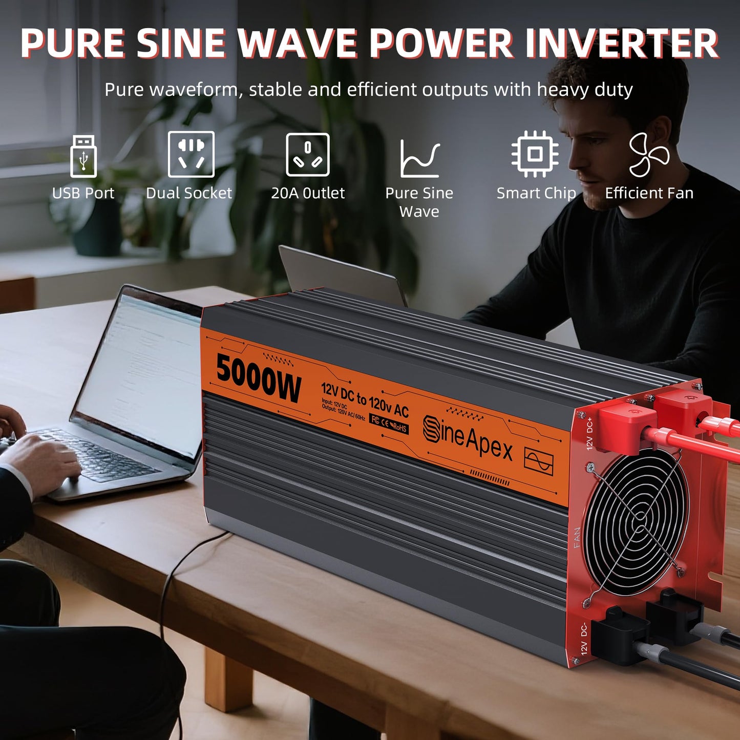 5000W Pure Sine Wave Inverter, Car Power Inverter 12V to 120V with Dual AC and 20A Socket, 18W+18W USB, 100W+30W Type-C, Surge 10000W, Remote Controller