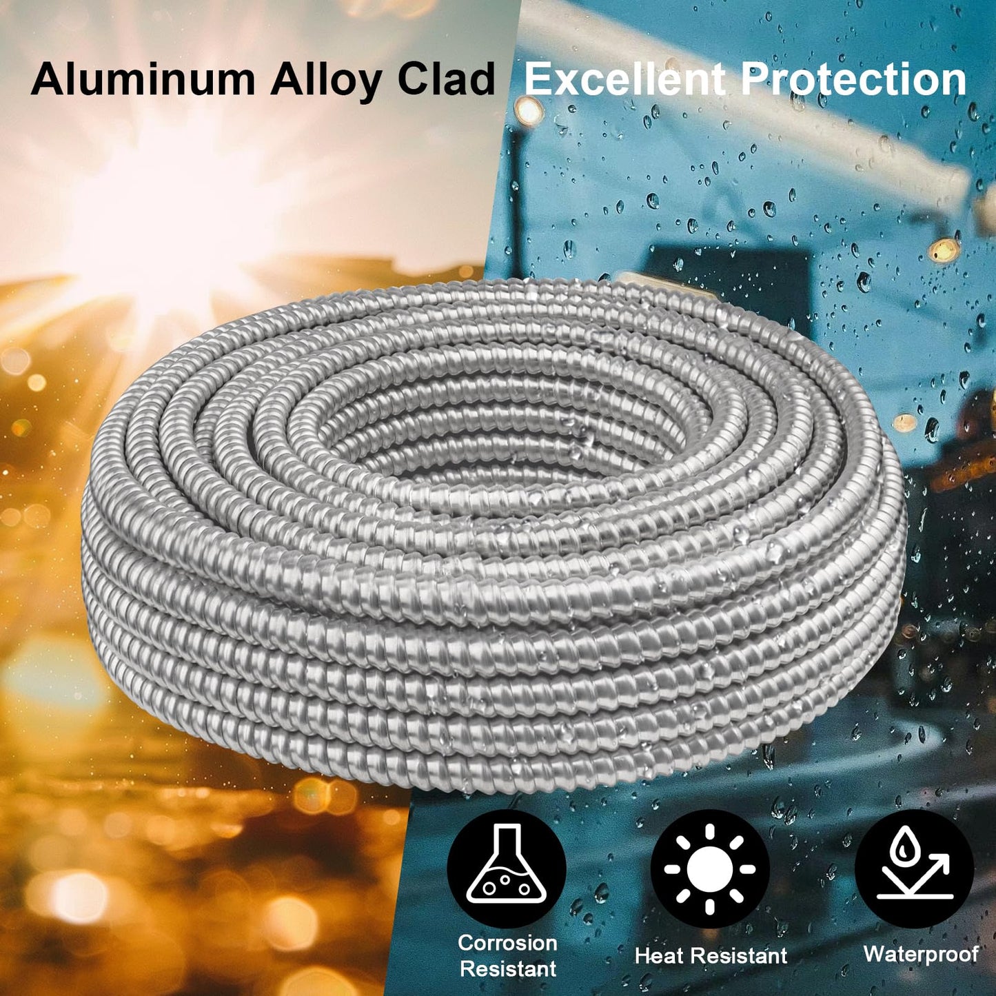10/3 Metal Clad (MC) Cable with Ground 125ft, 10 Gauge Electric Wire with Aluminum Armor, Solid Bare Copper Conductors for Indoor Outdoor Underground Embedded Installation (10/3, 125 ft)