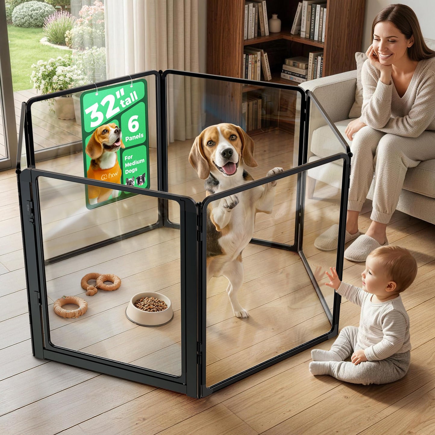 FXW AuraSpace Pro Acrylic Indoor Dog Playpen, Heavy-Duty with Metal Frame, 32" Height 6 Panels for Small and Medium Dogs, Black│Patented