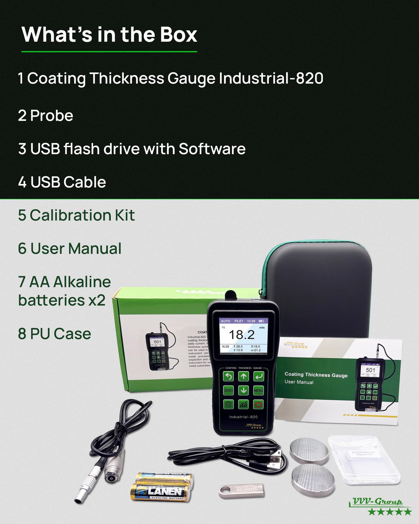 Coating Thickness Gauge Industrial-820 – 0–1500µm (0–59 mils) Dual F/N Probe, USB PC Data Export, 500 Data Groups, Statistics Mode, Alarm Limits, Industrial & Automotive Inspection