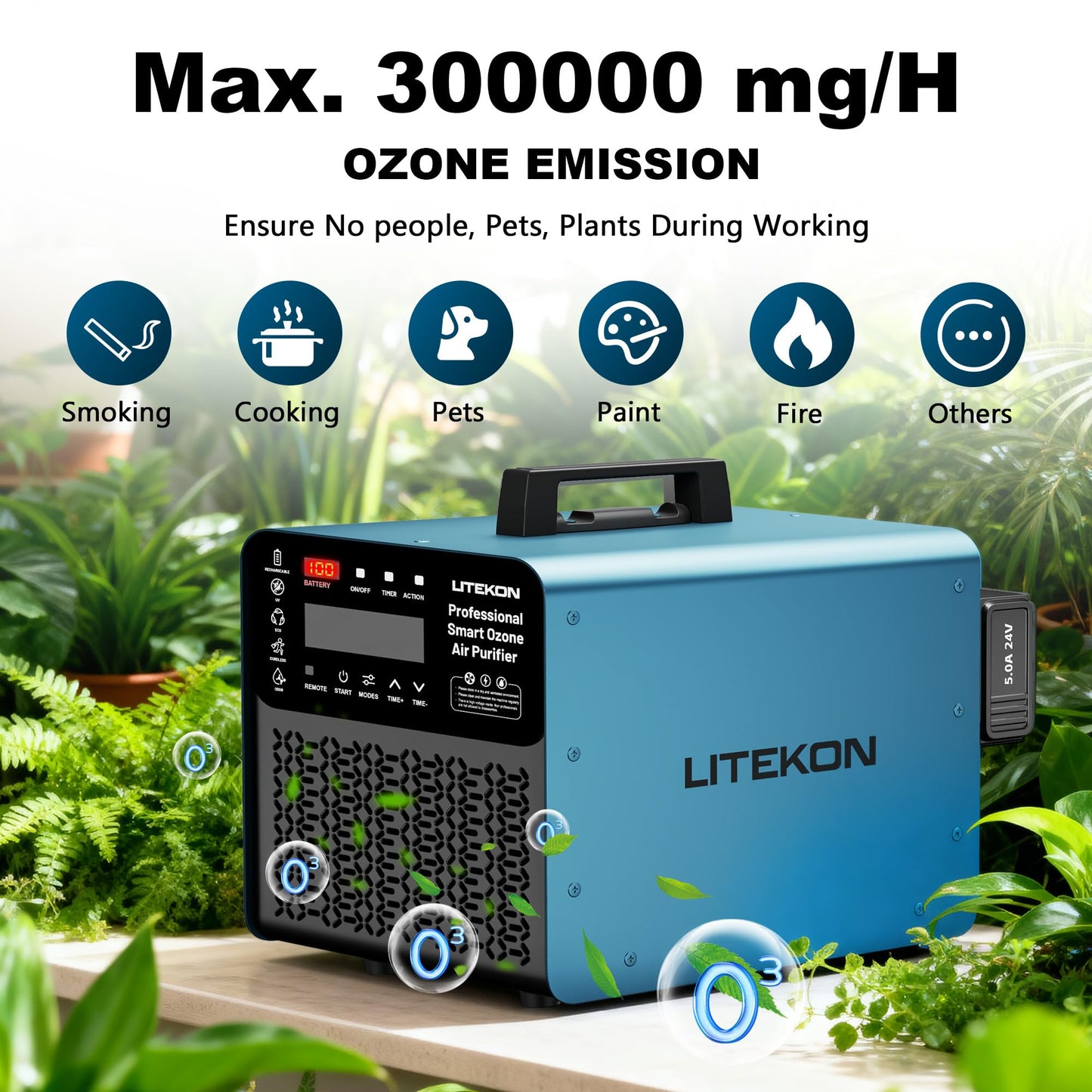 Original Ozone Generator Cordless with 2 x 5000mAh Battery&Quick Charger, 300,000mg/h Commercial Odor Remover Digital Ozonator Machine With Remote Control, Auto Timming for Large Space