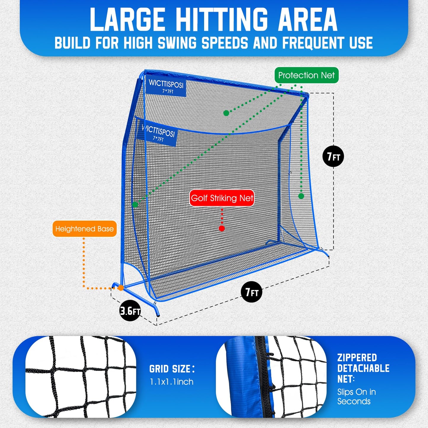 Golf Hitting Net with Extra Striking Net, 7x7ft Heavy Duty Golf Practice Net for Golfers Backyard Driving Swing, Golf Impact Net Cage Metal Frame with Storage Bag and Elevated Base, Indoor Outdoor Use