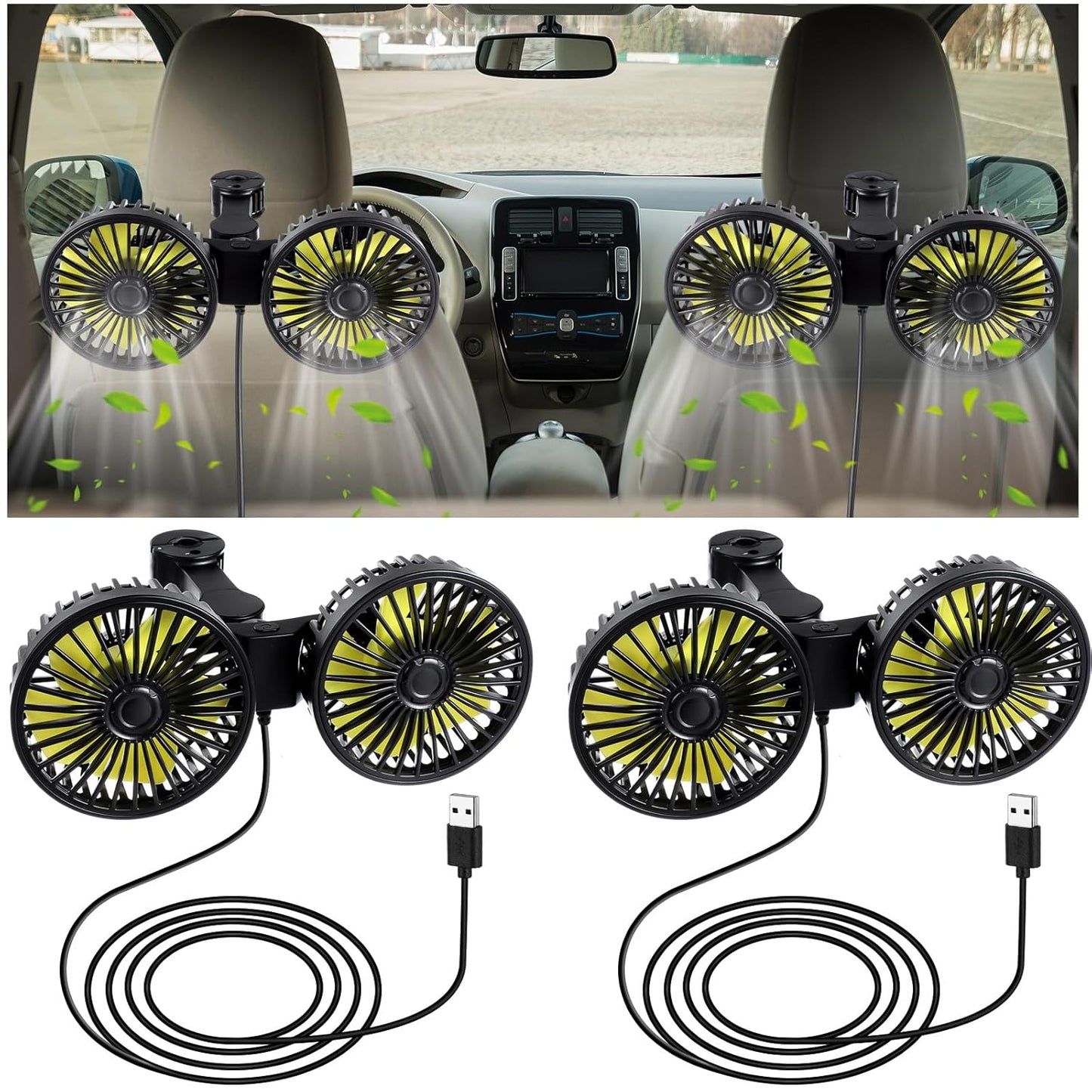 Tujoe 2 12v 360 Pcs Dual Car Seat Fans for Portable USB Backseat Cooling Headrest Degree Rotatable Fan Powerful