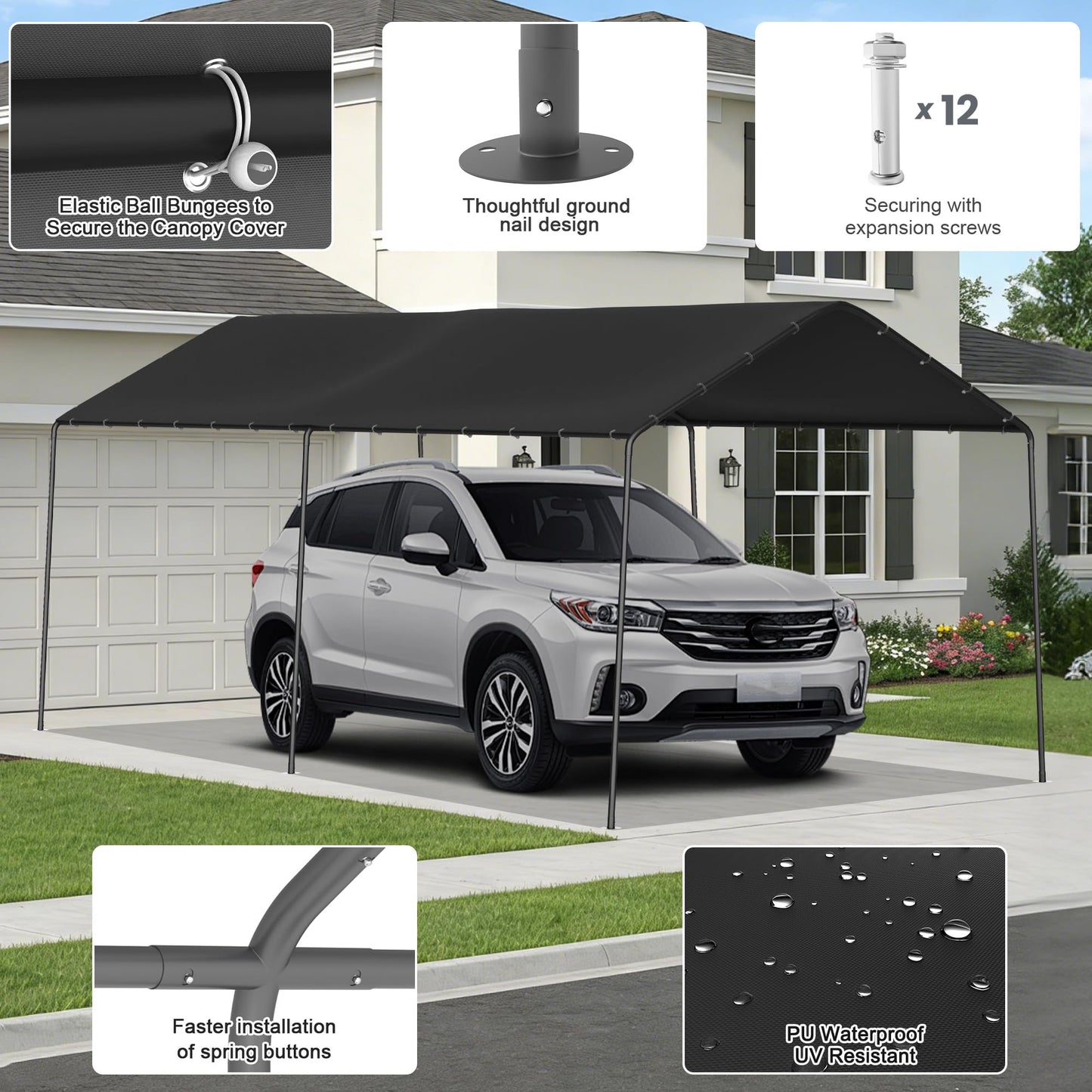 10 x 20 FT Carport Heavy Duty, Portable Garage Canopy Outdoor, Galvanized Car Canopy for Car Garage Shelter Tent Party Tent with Anchor Kit (Black)