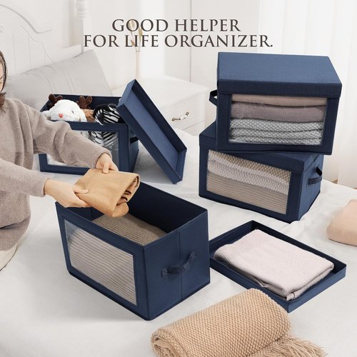 Homsorout Foldable Storage Boxes - Decorative Fabric Baskets with Clear Window, Navy Blue, 4-Pack