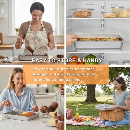 E-far Stainless Steel Toaster Oven Baking Pan Set - 10.4” x 8” x 2” with Lid | Non-Toxic & Dishwasher Safe for Cakes, Brownies, Casseroles - Set of 2