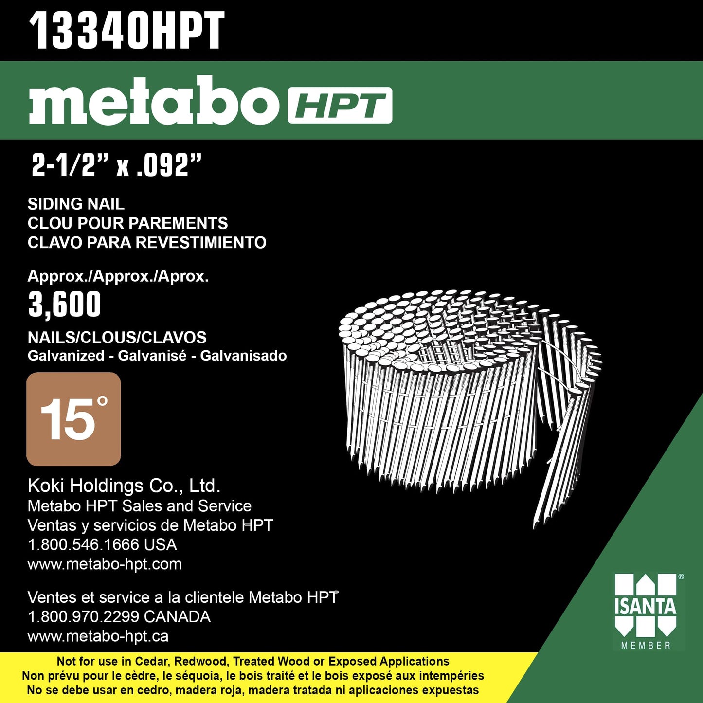Metabo HPT Siding Nails, 3" x .113, Fiber Cement Nails, Hot Dipped Galvanized, Plastic Sheet, Coil, SM, 4800 Count (13391HPT)