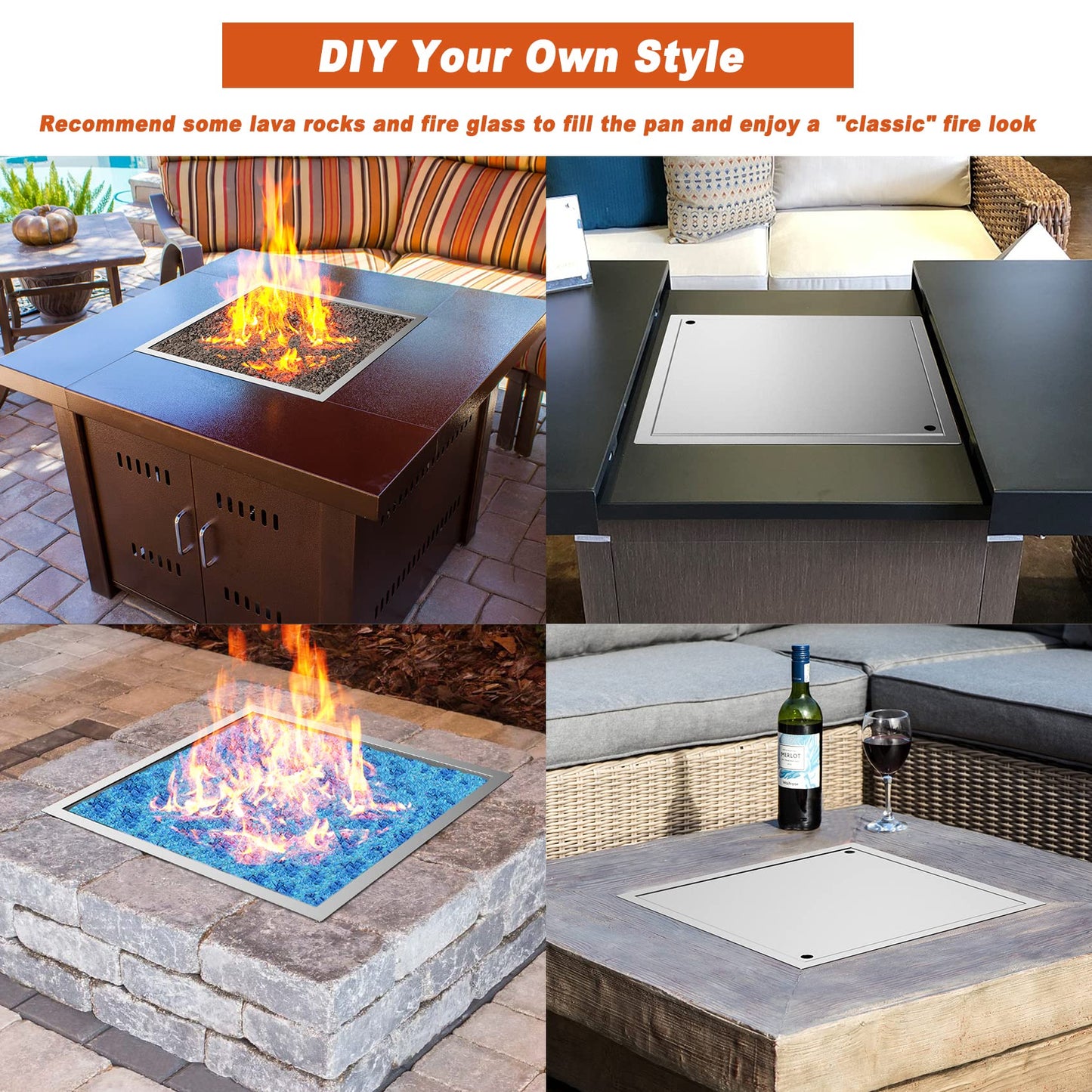 Skyflame 24" x 24" Square Stainless Steel Drop-in Fire Pit Kit with Fire Pit Burner Pan, Fire Burner Ring and Protective Lid, Suitable for Indoor or Outdoor DIY Firepit