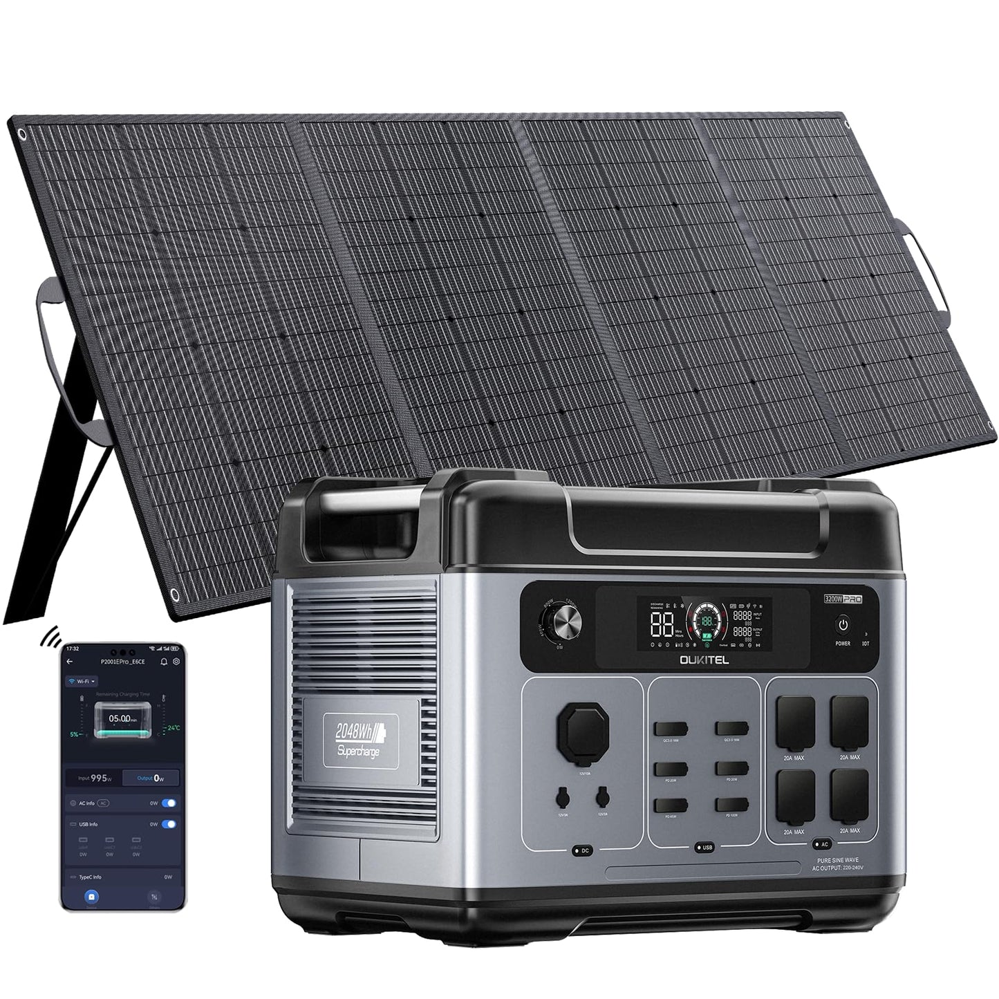 OUKITEL P2001 Pro 3200W/2048Wh Power Station With 200W Solar Panel, Solar Generator with 4 AC Outlets (6400W Peak), 1.5H Full Charging, APP Control Battery Backup for Home, Camping