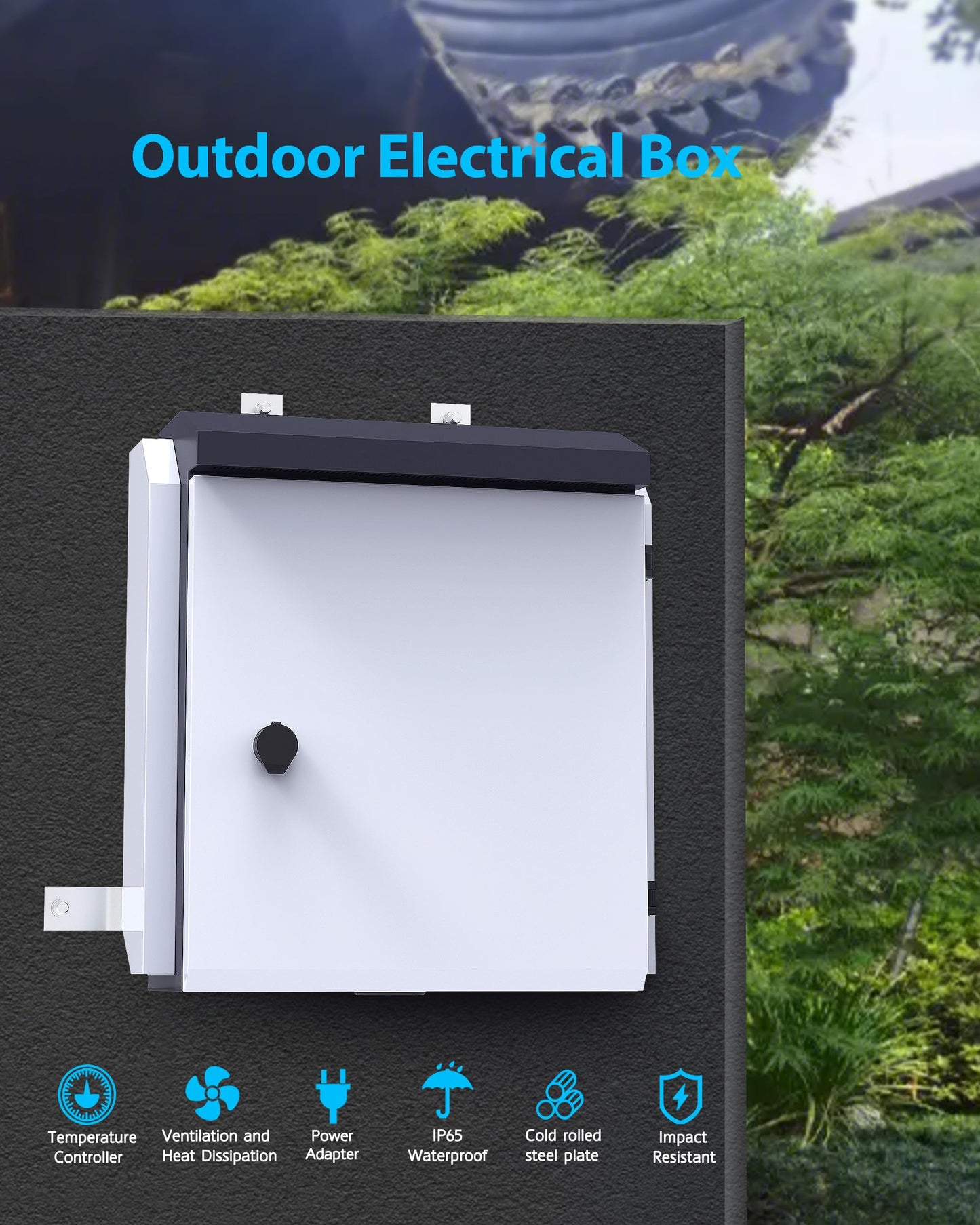 Akwscyby Outdoor Electrical Box with Thermostat and Fan, Precise Temperature Control 0.1°F, IP65 Water Resistant Rating, Galvanized Steel, Aluminum Rear Beam(21.7" x 17.3" x 9.0")