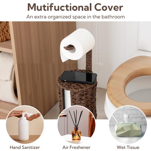 GRANNY SAYS Wicker Freestanding Toilet Paper Holder Stand with Storage, Modern Covered Toilet Paper Stand for 4 Rolls with Shelf for Wet Wipes, Tissue Holder for Bathroom Decor and RV, Brown