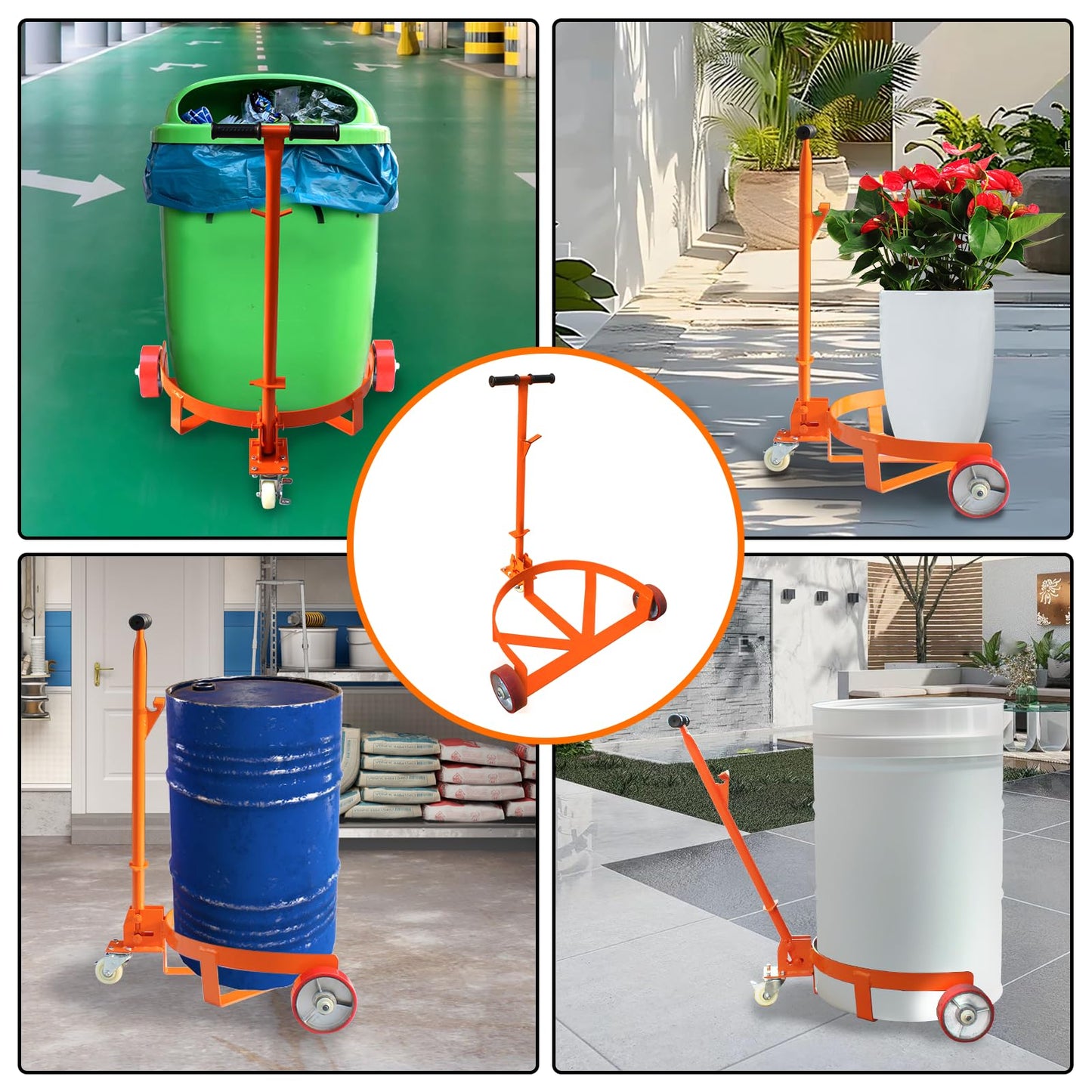 55 Gallon Drum Dolly, 1200 lbs Load Capacity, Adjustable Handle Barrel Dolly Cart with One 360° Swivel Lockable Wheel, Low Profile Steel Oil Drum Caddy for Warehouse, Workshop, Factory, Dump Station