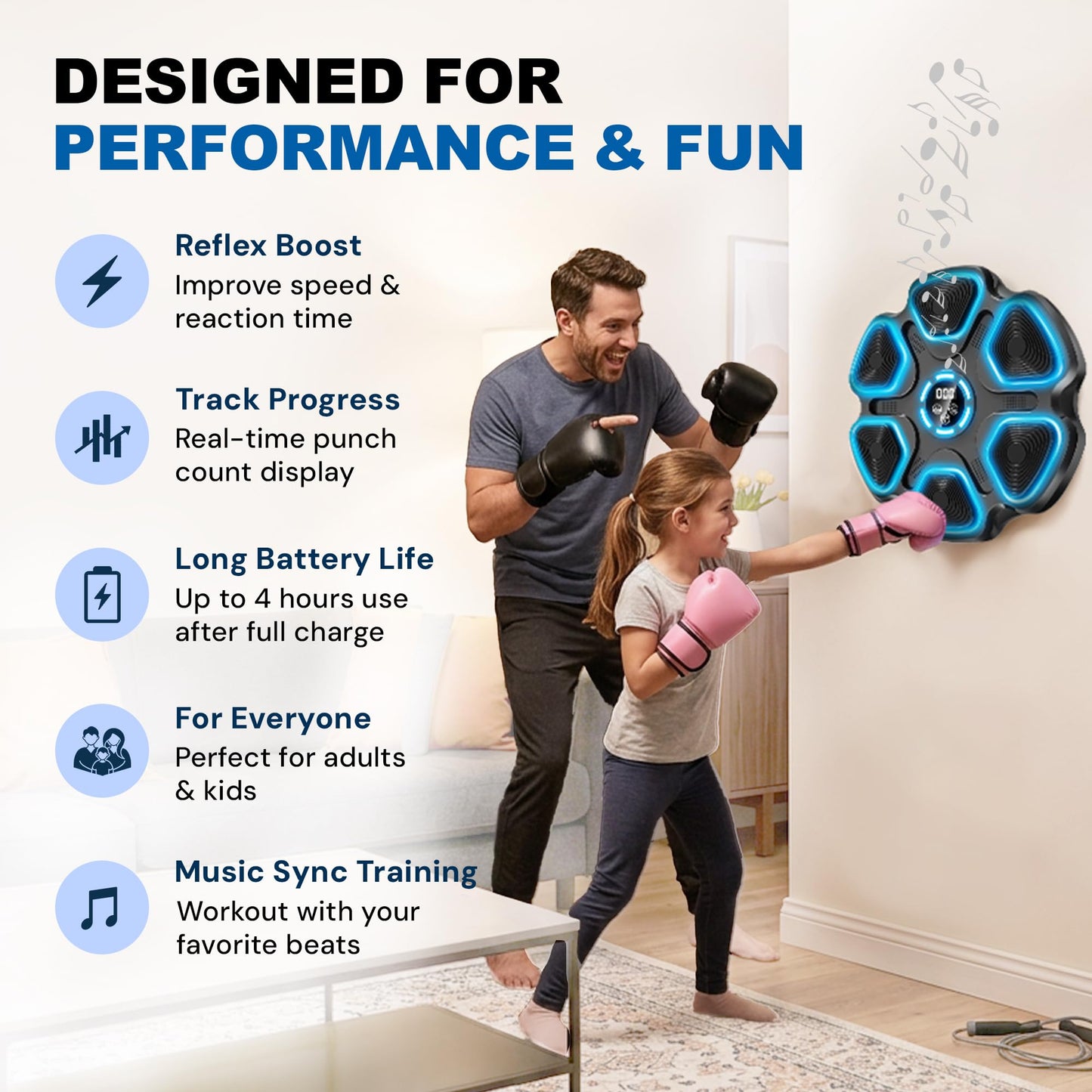 MILENTII Musical Boxing Machine Wall Mounted with Gloves, Smart Boxing Machine with Bluetooth Speaker & LED Display, Adjustable Speed Punching Machine for Adults & Kids Home Training Equipment