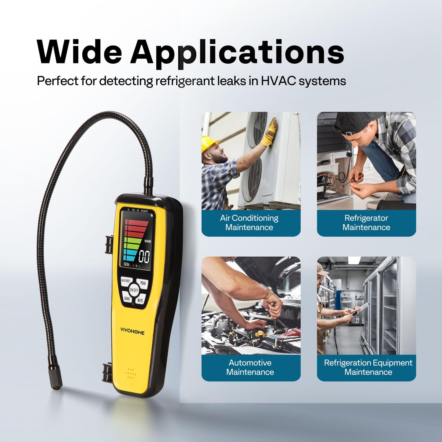 VIVOHOME HVAC Refrigerant Freon Leak Detector with Rechargeable Battery, AC Sniffer Leak Detector for R134a R410a R1234yf R454B R32 CFCs HCFCs HFCs HFOs HCs, Max Sensitivity up to 0.03oz./yr