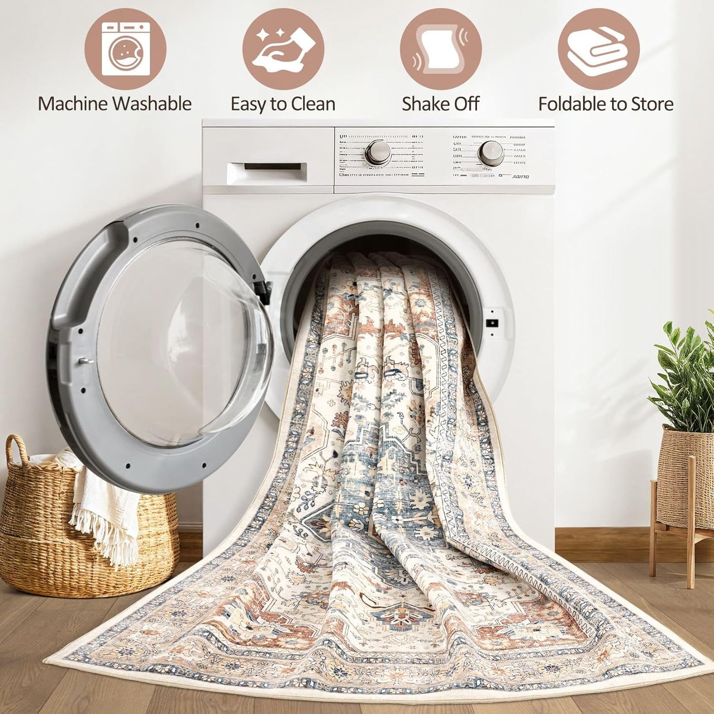 Skiennix 9x12 Area Rug - Washable Boho Vintage Soft Carpet | Stain Resistant, Non-Slip, Beige & Blue