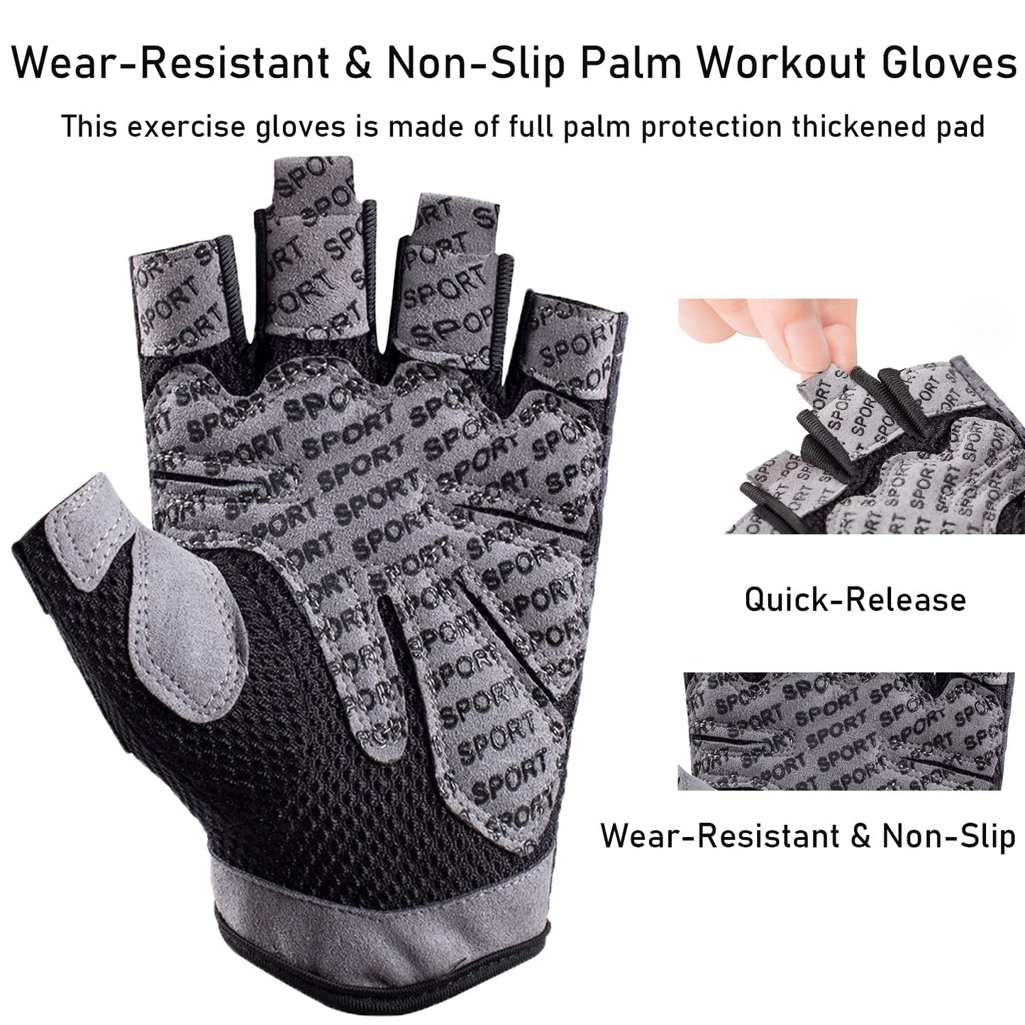 LJCUTE Workout Gloves for Men & Women, Fingerless Breathable & Full Palm Protection Gym Exercise Gloves for Weight Lifting, Fitness, Powerlifting, Cycling (Black, Small)