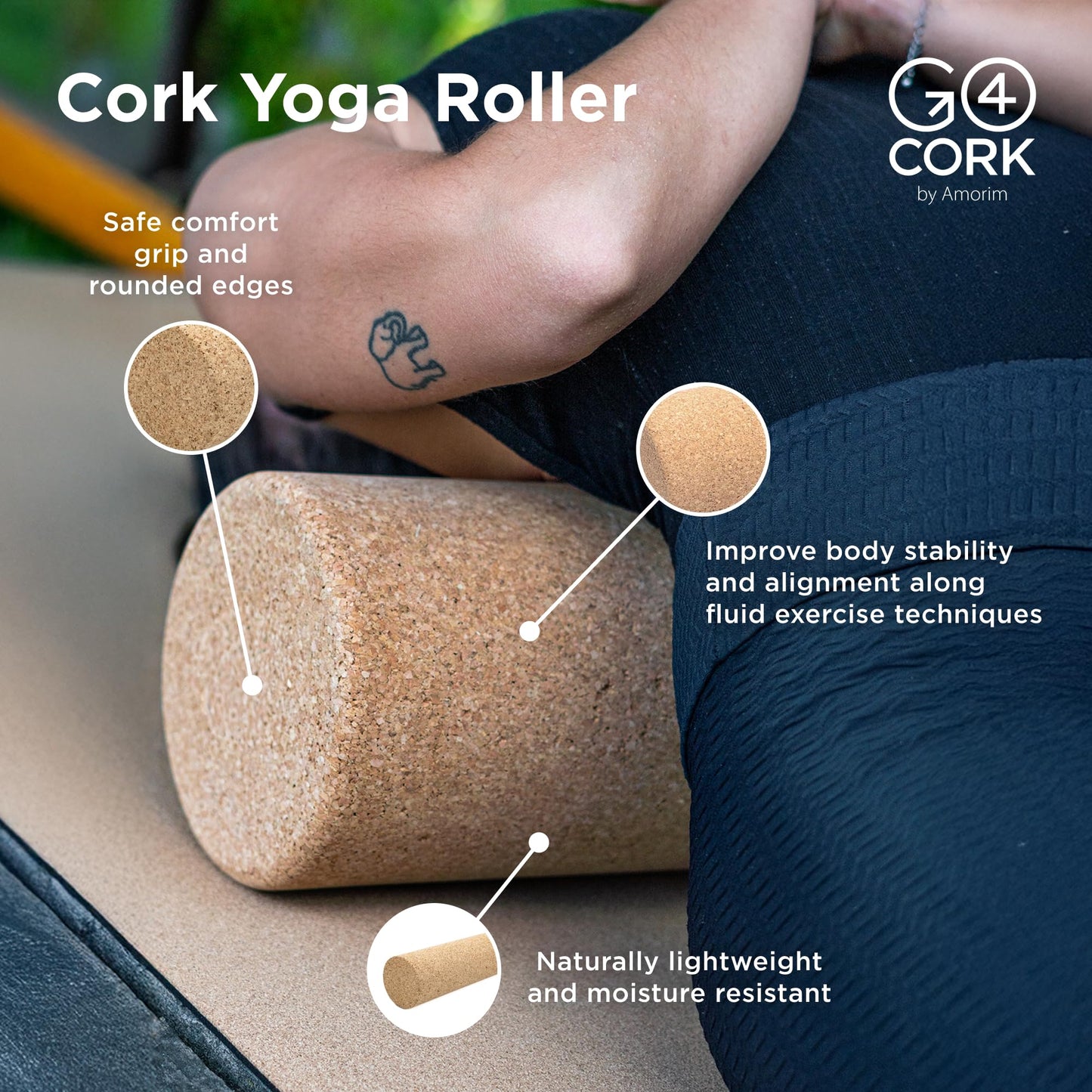 Go4Cork Yoga High-Density Cork Body Roller - 11.8" x 3.7" | Strong Eco Cork Roller with Non-Slip Grip | Enhances Yoga Exercise & Deep Tissue Massage for Quick Back & Muscle Recovery