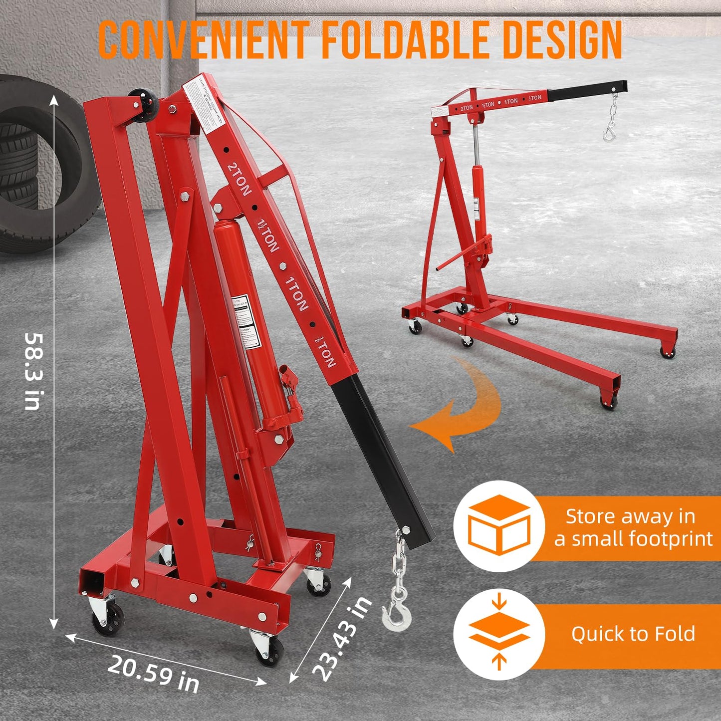 2 Ton Folding Hydraulic Engine Hoist, Folding Engine Shop Crane Hoist Lift, Heavy Cherry Picker with 6 Wheels for Garage, Workshop,Cherry