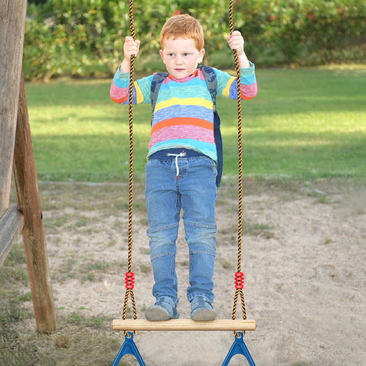 LadyRosian Wooden Trapeze Swing Bar, Adjustable Height Swing Set, Gym Rings, Playground Attachments, 16.5" Monkey Bar for Backyard, Playground, Playroom (Blue)