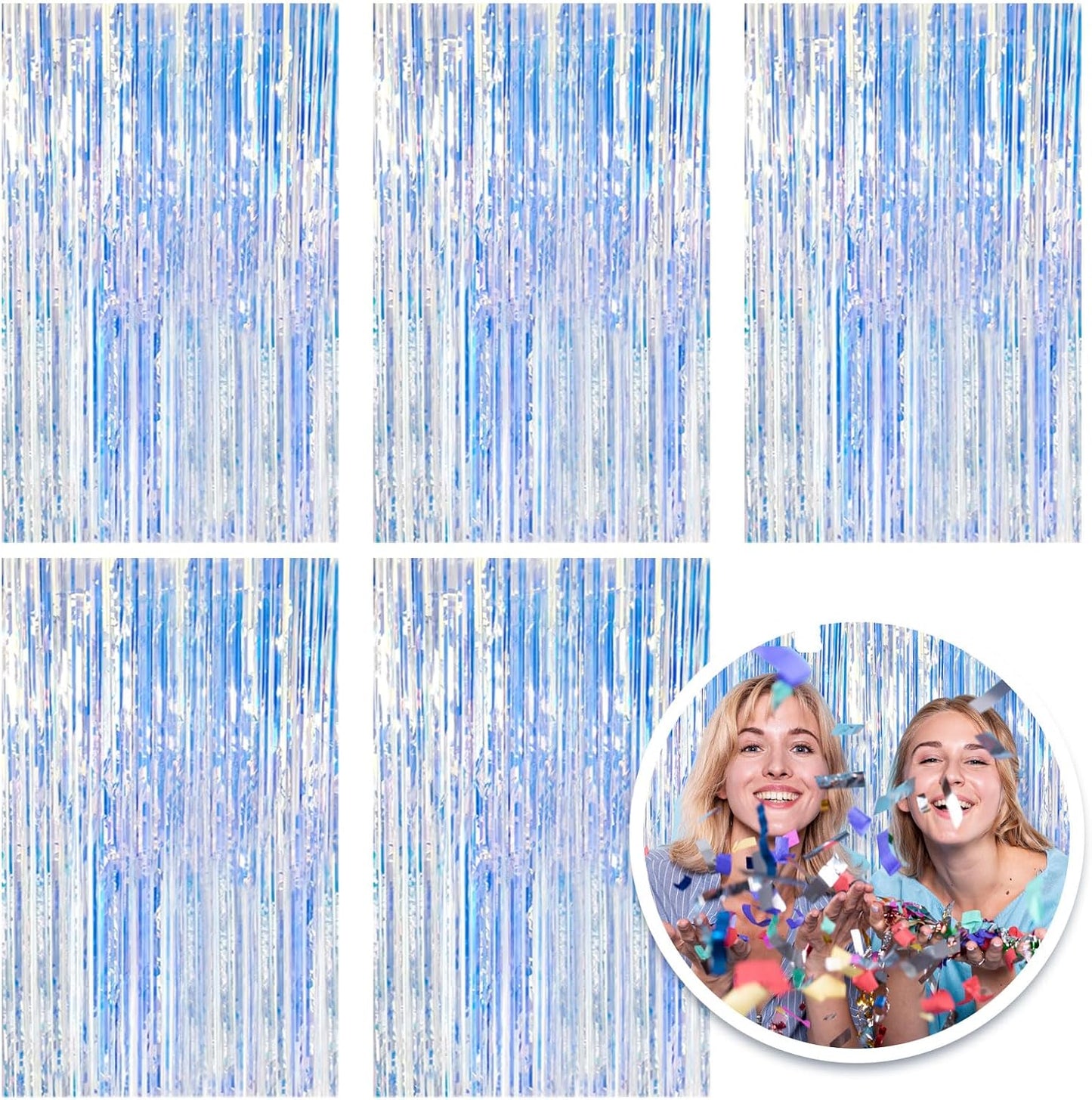 Skiennix Iridescent Foil Curtain Backdrop - 5 Pack Metallic Tinsel Fringe for Parties & Events