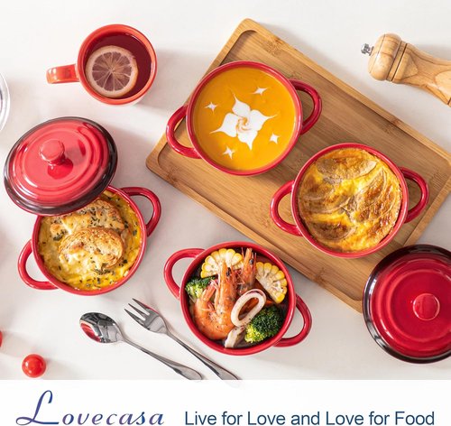 LOVECASA Mini Cocotte Set - 12 OZ Casserole Dishes with Lids | Oven & Microwave Safe, Set of 4, Red