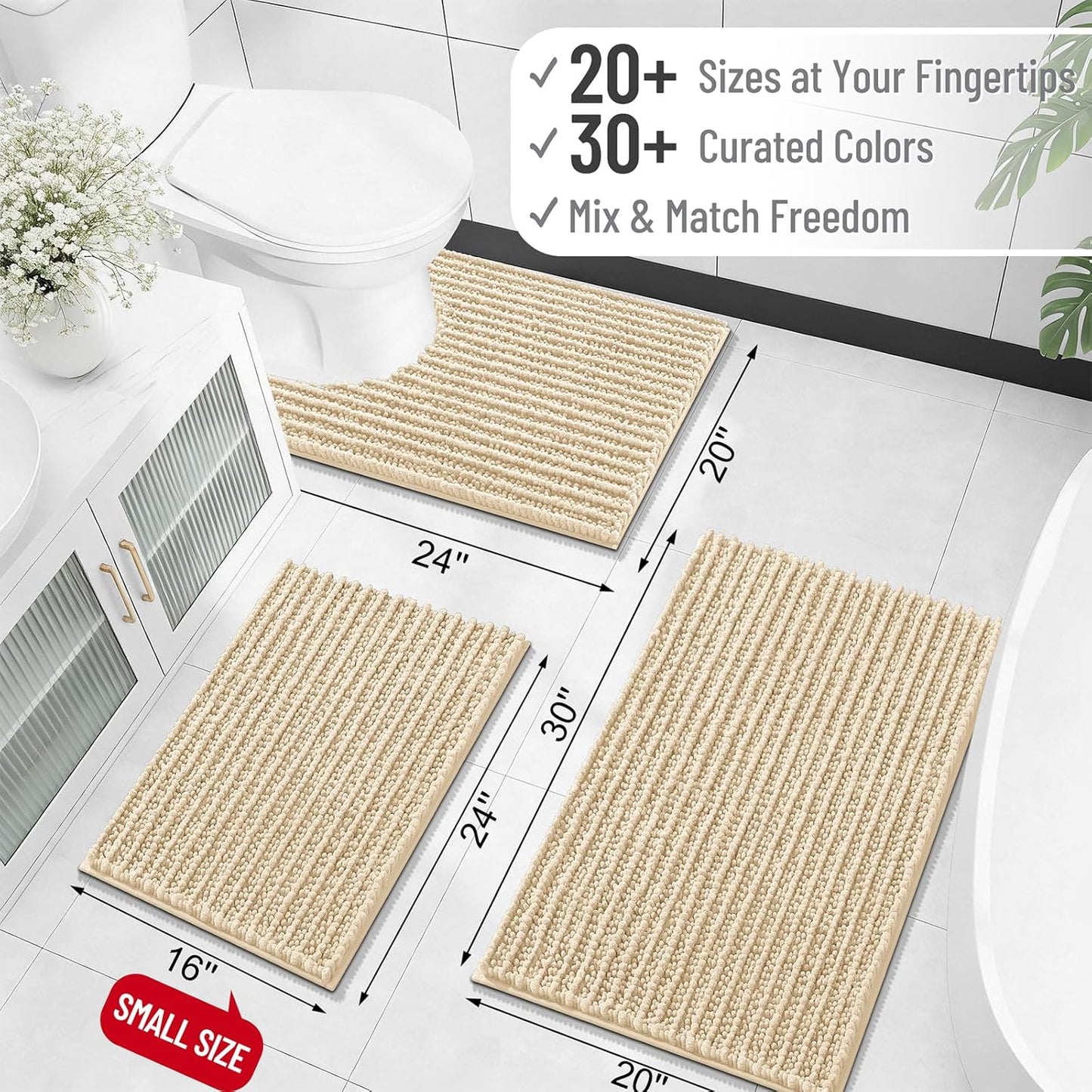 OLANLY Bathroom Rug Mat - Thick Soft Chenille Bath Mat with Non-Slip Backing | 40x32, Beige, Machine Washable