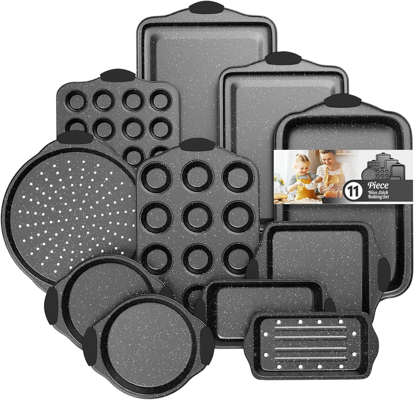 Skiennix 11-Piece Nonstick Baking Pan Set - Stackable Bakeware with Silicone Handles | Black