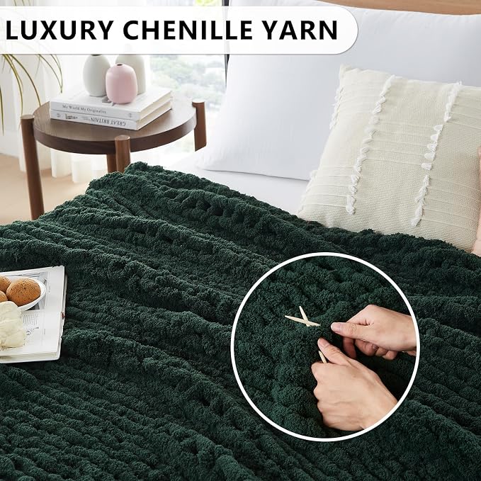 L'AGRATY Chunky Knit Blanket Throw: 80''x90'' Chenille Chunky Knitted Throw Blankets for Bed Couch - Handmade Thick Big Cable Knit Blanket - Large Crochet Rope Blankets for Home Decor(Green)